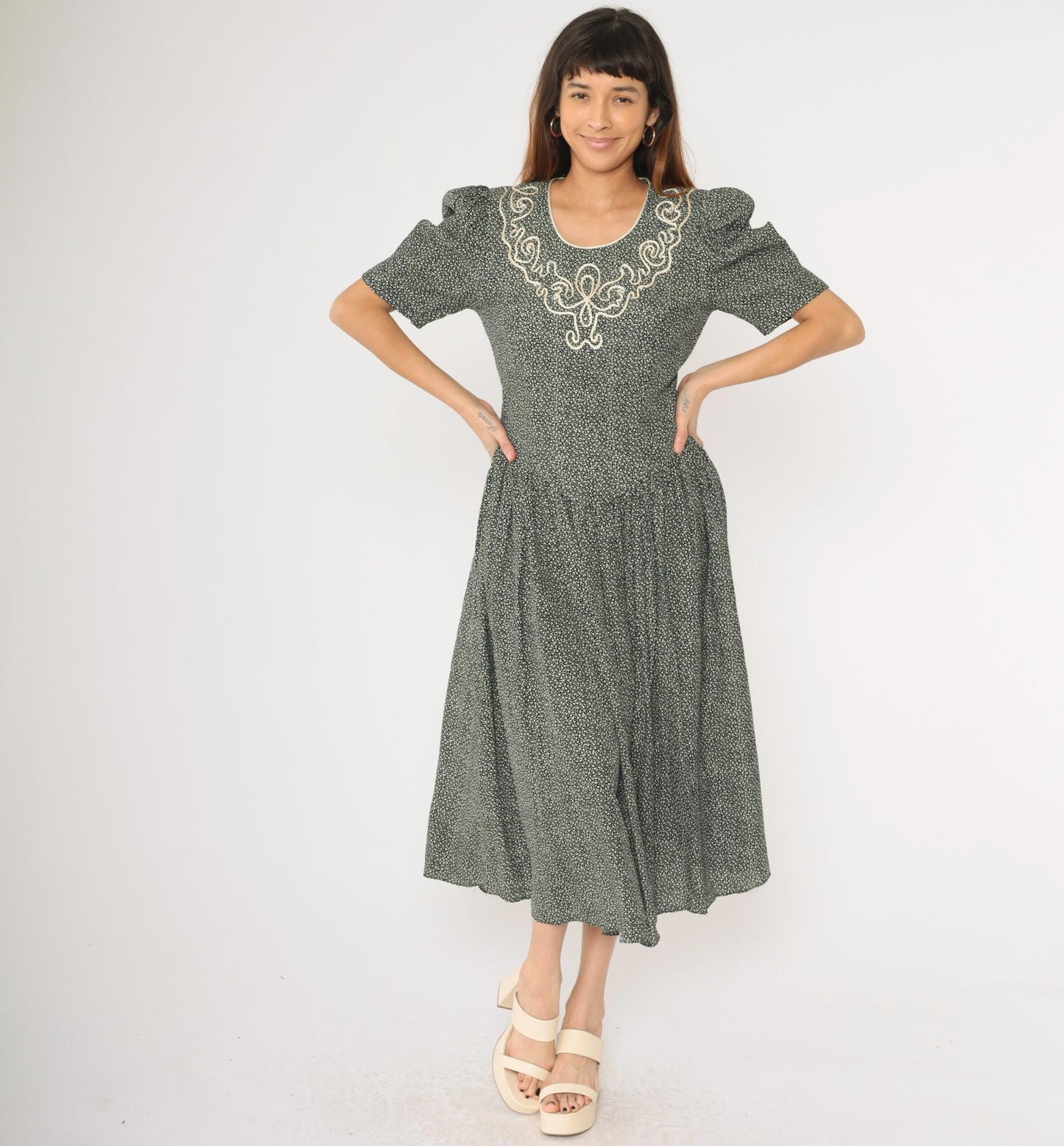 80s Floral Calico Dress Soutache Beaded Puff Sleeve Black White Midi Basque Waist Medium 8