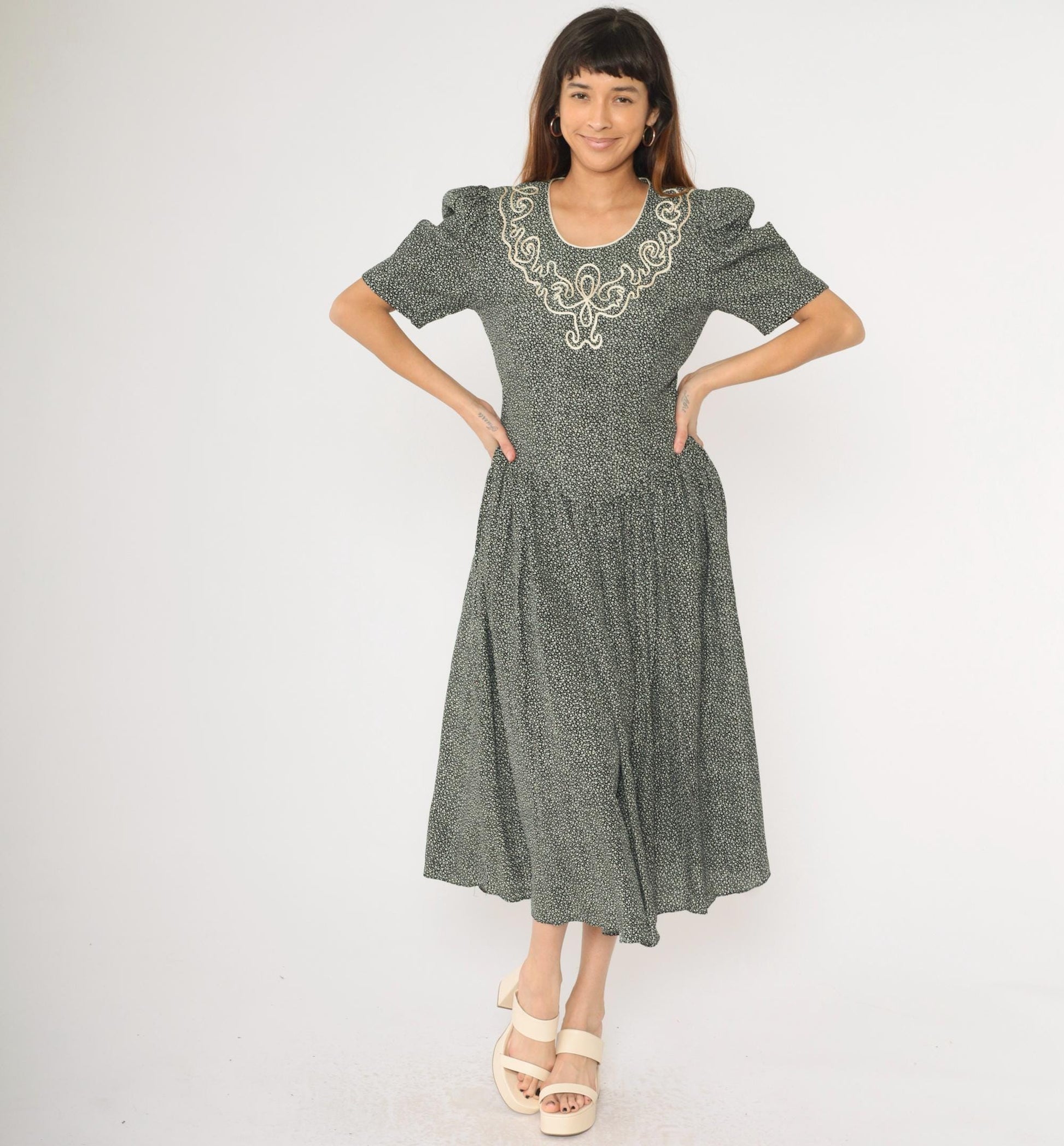 80s Floral Calico Dress Soutache Beaded Puff Sleeve Black White Midi Basque Waist Medium 8