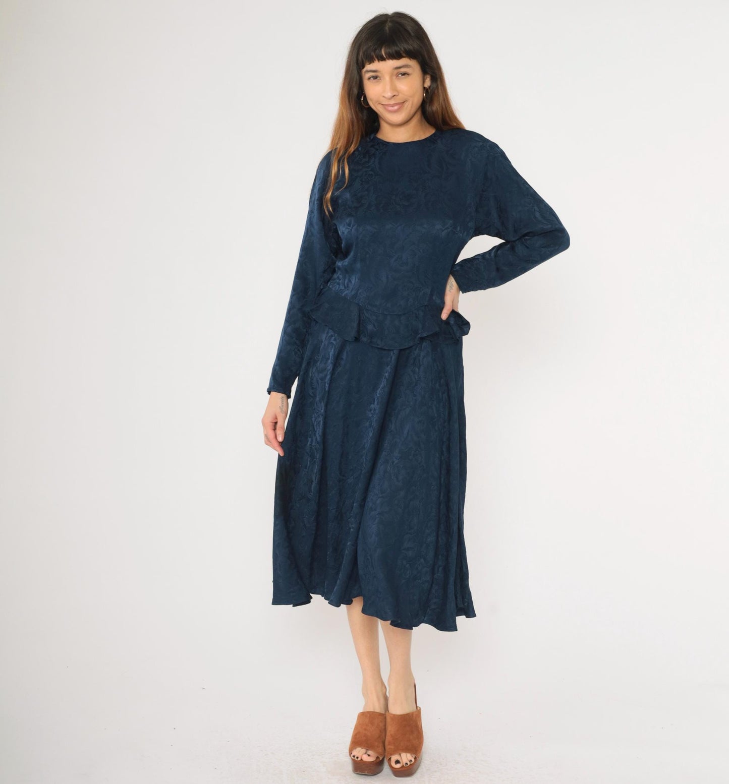 90s Argenti Navy Silk Midi Dress Floral Jacquard Peplum Raglan Medium M
