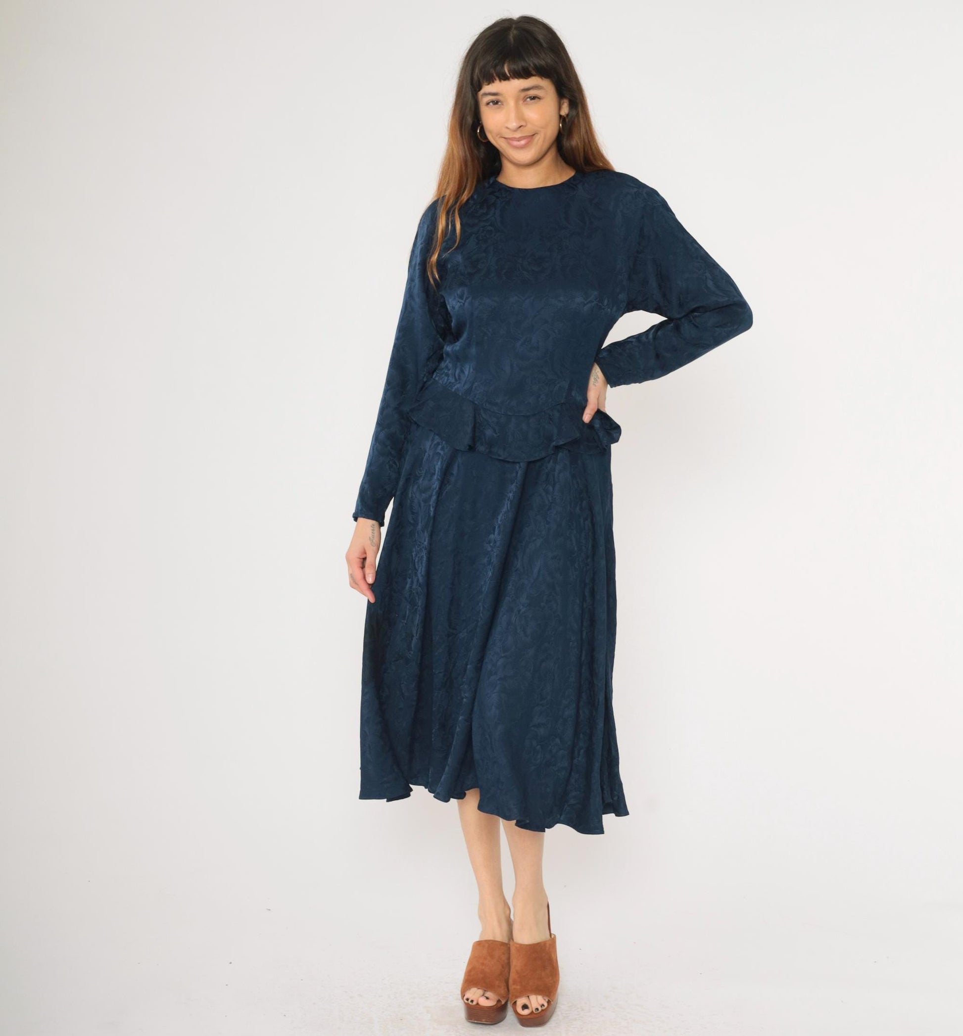 90s Argenti Navy Silk Midi Dress Floral Jacquard Peplum Raglan Medium M