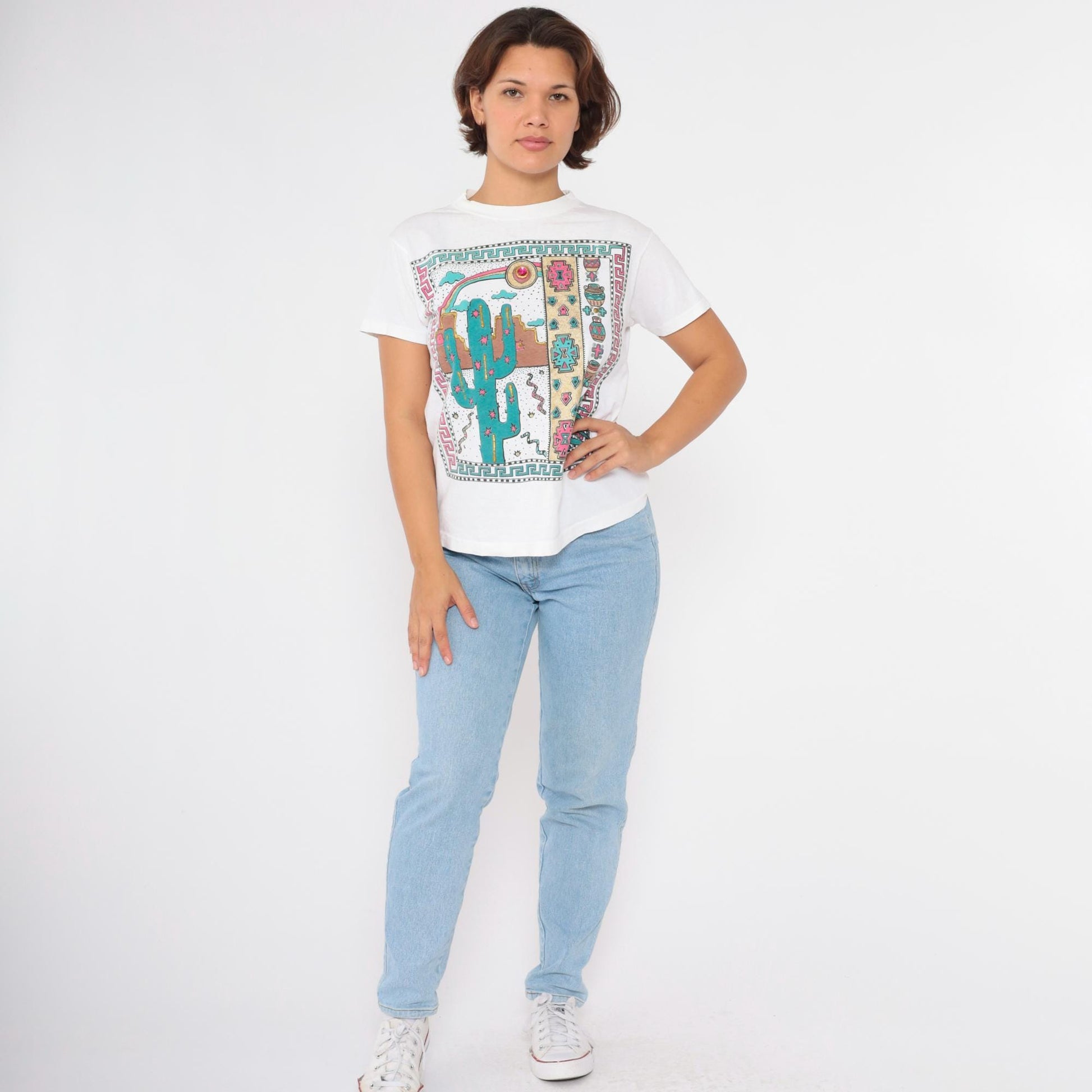 90s Southwestern Cactus Snake Graphic T-Shirt Sparkly Beaded Medium M