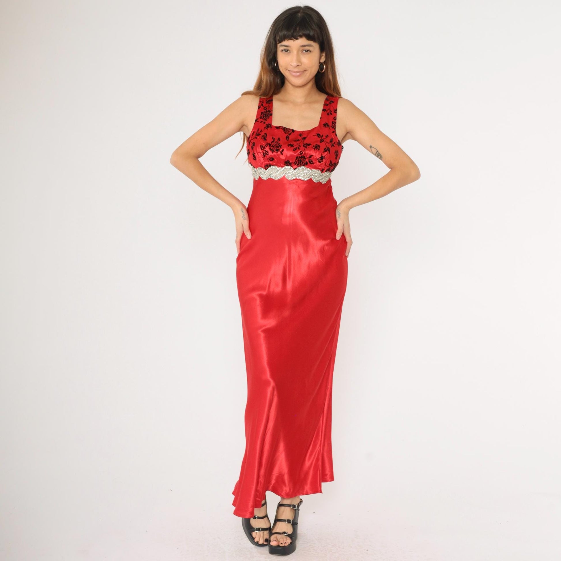 90s Be Smart Red Satin Maxi Gown Flocked Velvet Floral Beaded Empire Waist Small