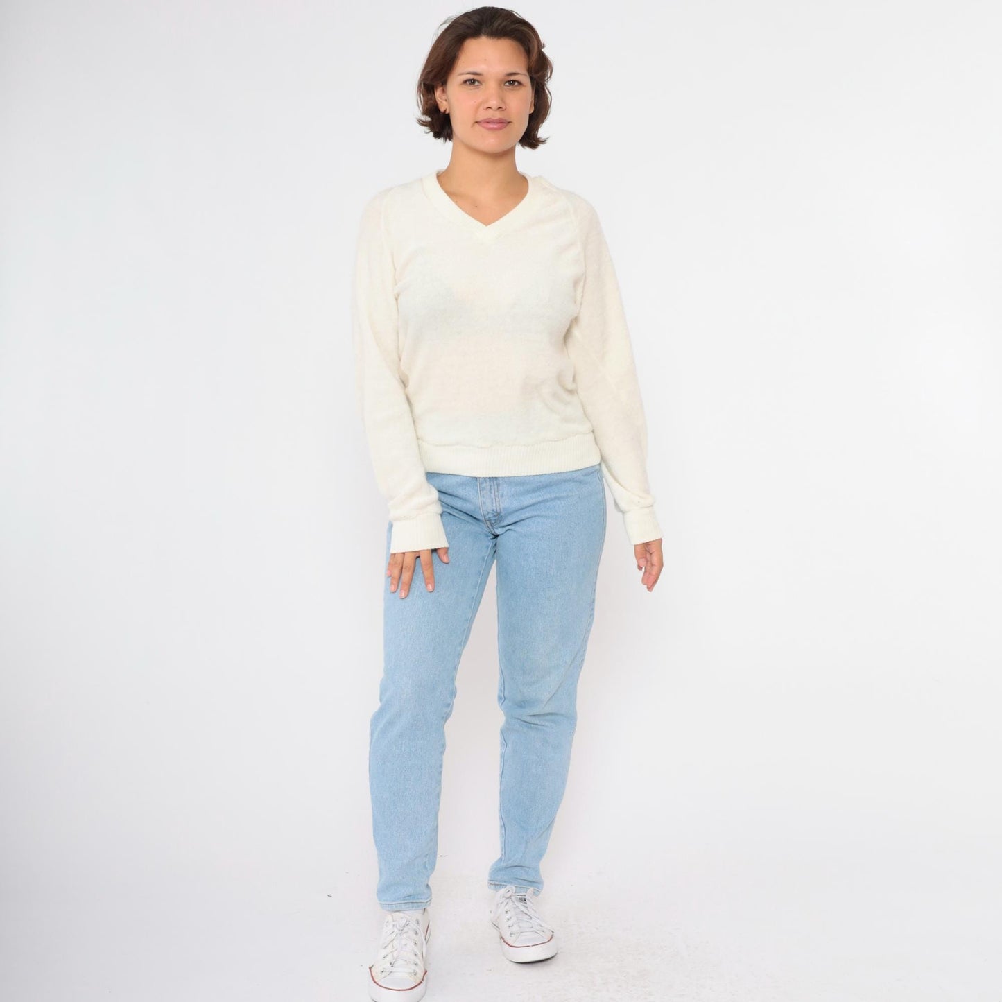 80s Terry Cloth V-Neck Sweatshirt Cream Raglan Sleeve Small