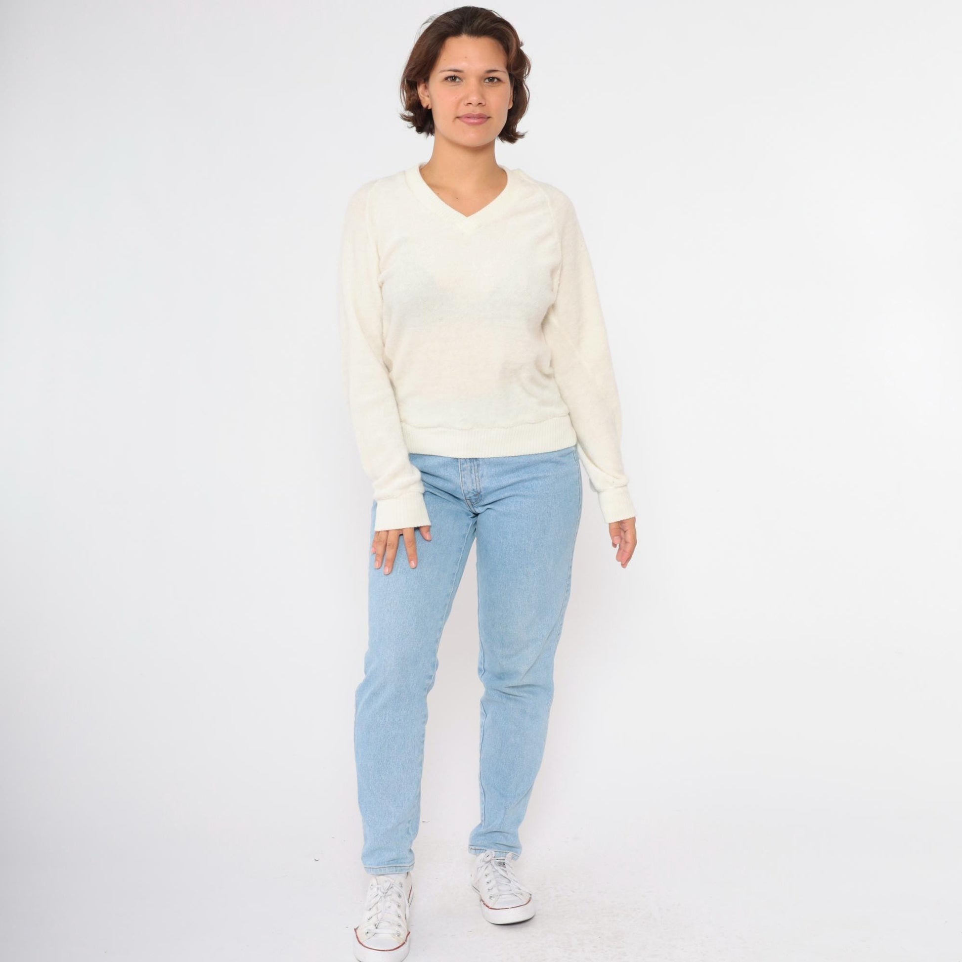 80s Terry Cloth V-Neck Sweatshirt Cream Raglan Sleeve Small