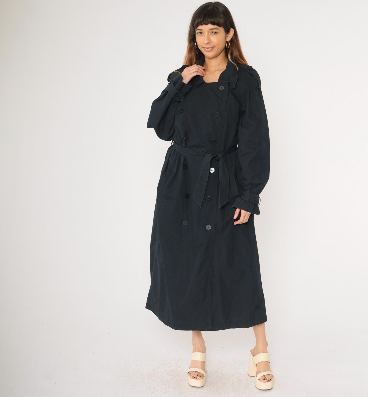 90s Liz Claiborne Black Trench Coat Double Breasted Belted Maxi Large L