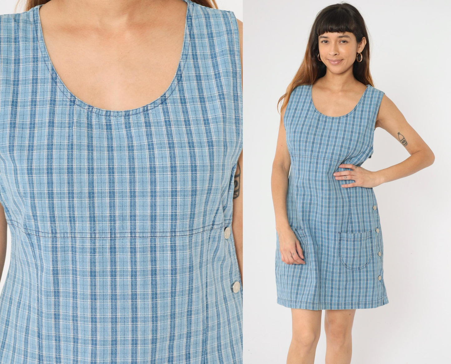90s Cherokee Blue Plaid Mini Jumper Dress Sleeveless Shift Medium M
