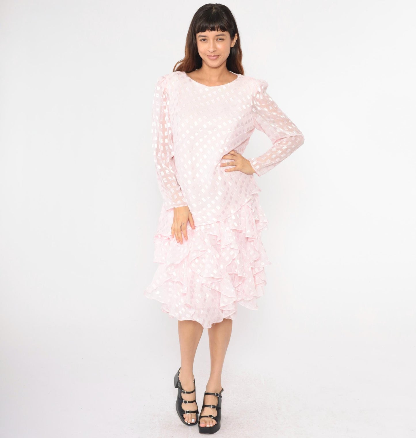 80s Patra Pink Midi Dress Drop Waist Puff Sleeve Ruffle Embossed Large L