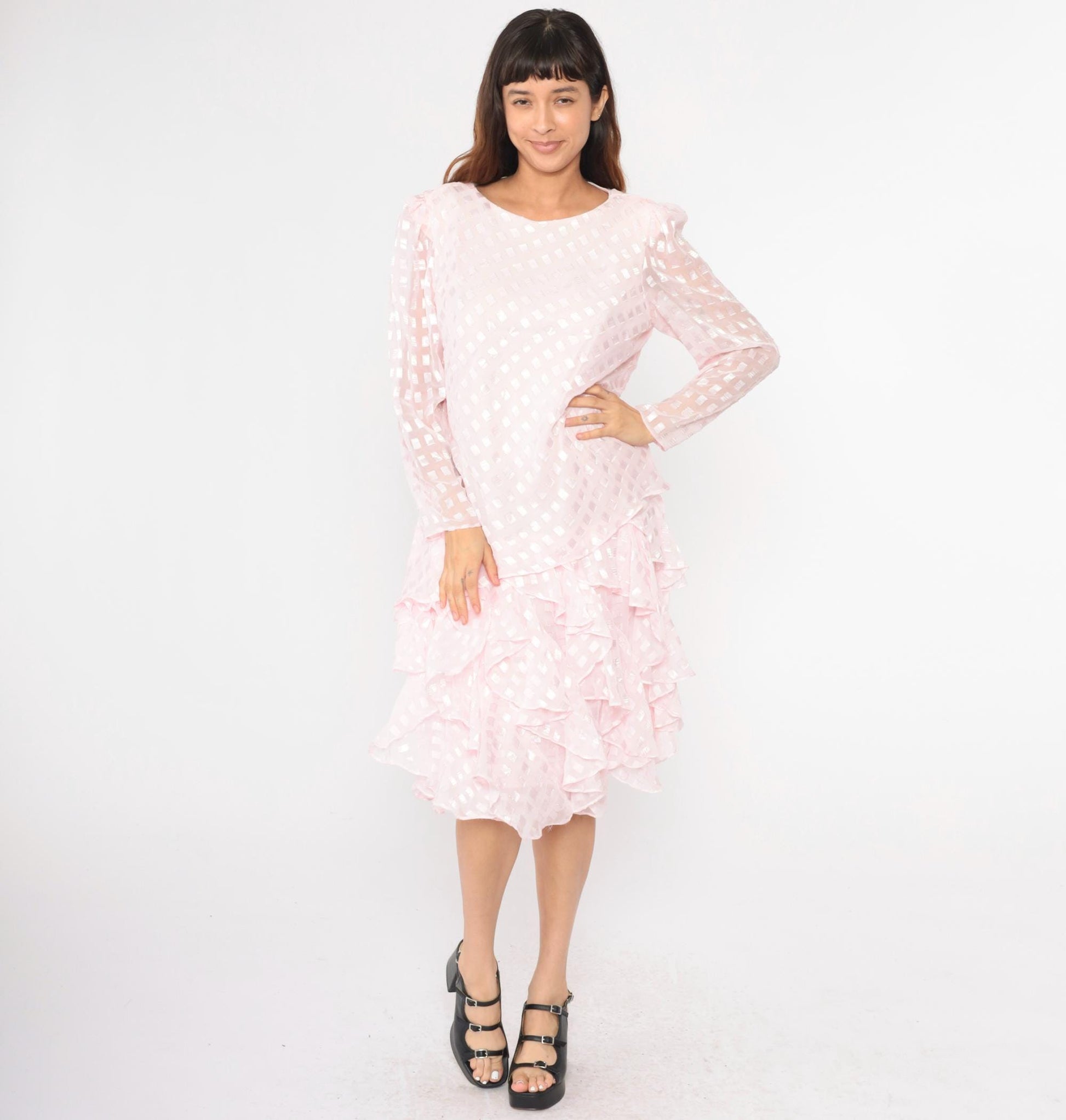 80s Patra Pink Midi Dress Drop Waist Puff Sleeve Ruffle Embossed Large L