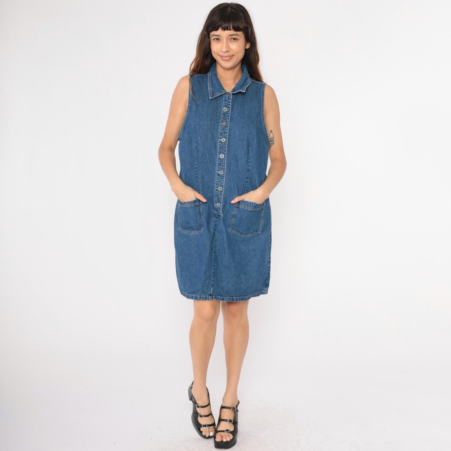 90s Denim Mini Dress Button-Up Sleeveless Blue Cotton Medium Large