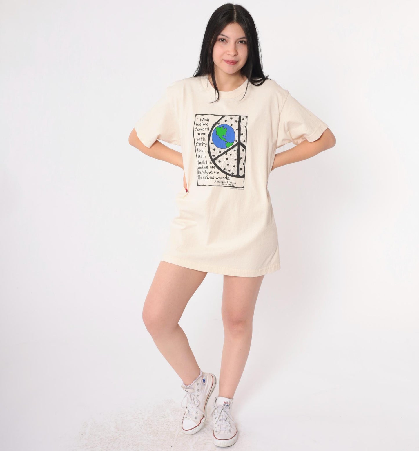 00s Abraham Lincoln Peace Quote Organic Cotton T-Shirt Cream Graphic Large