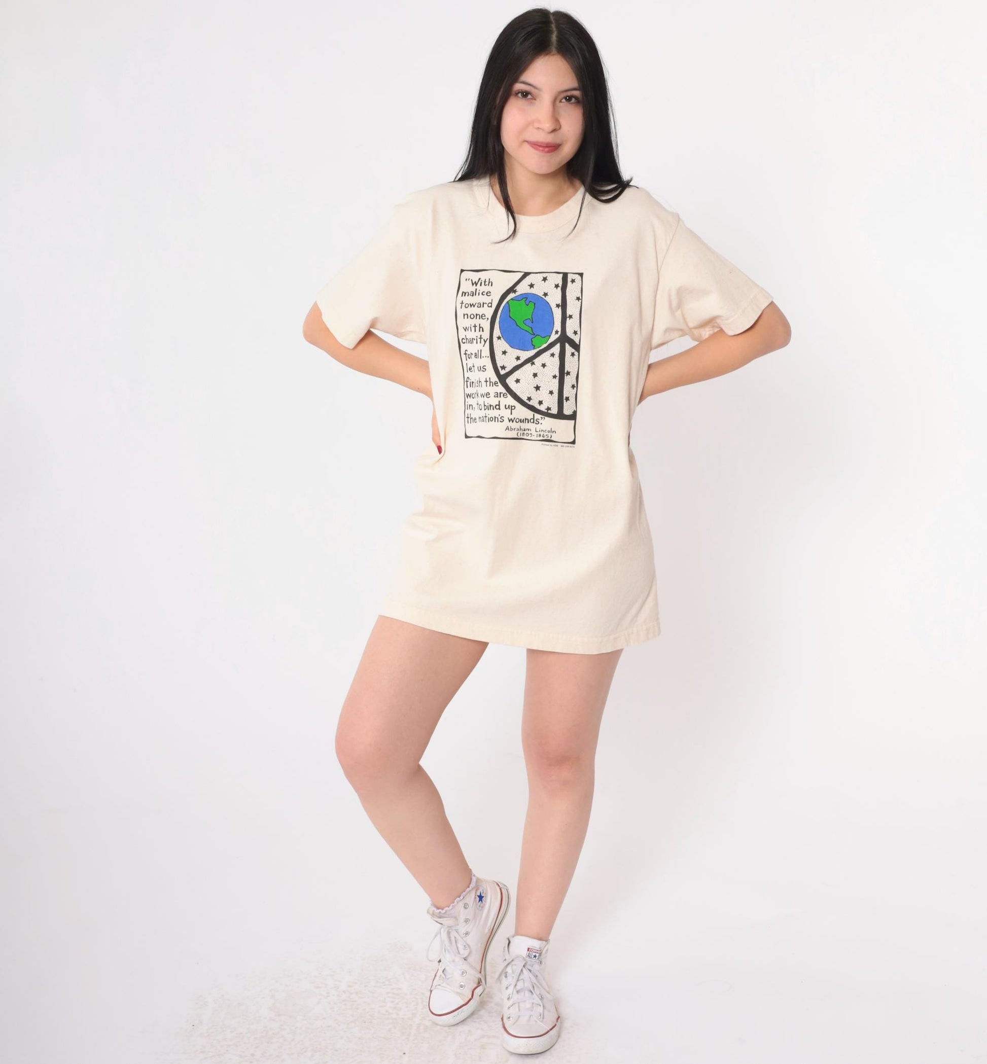 00s Abraham Lincoln Peace Quote Organic Cotton T-Shirt Cream Graphic Large