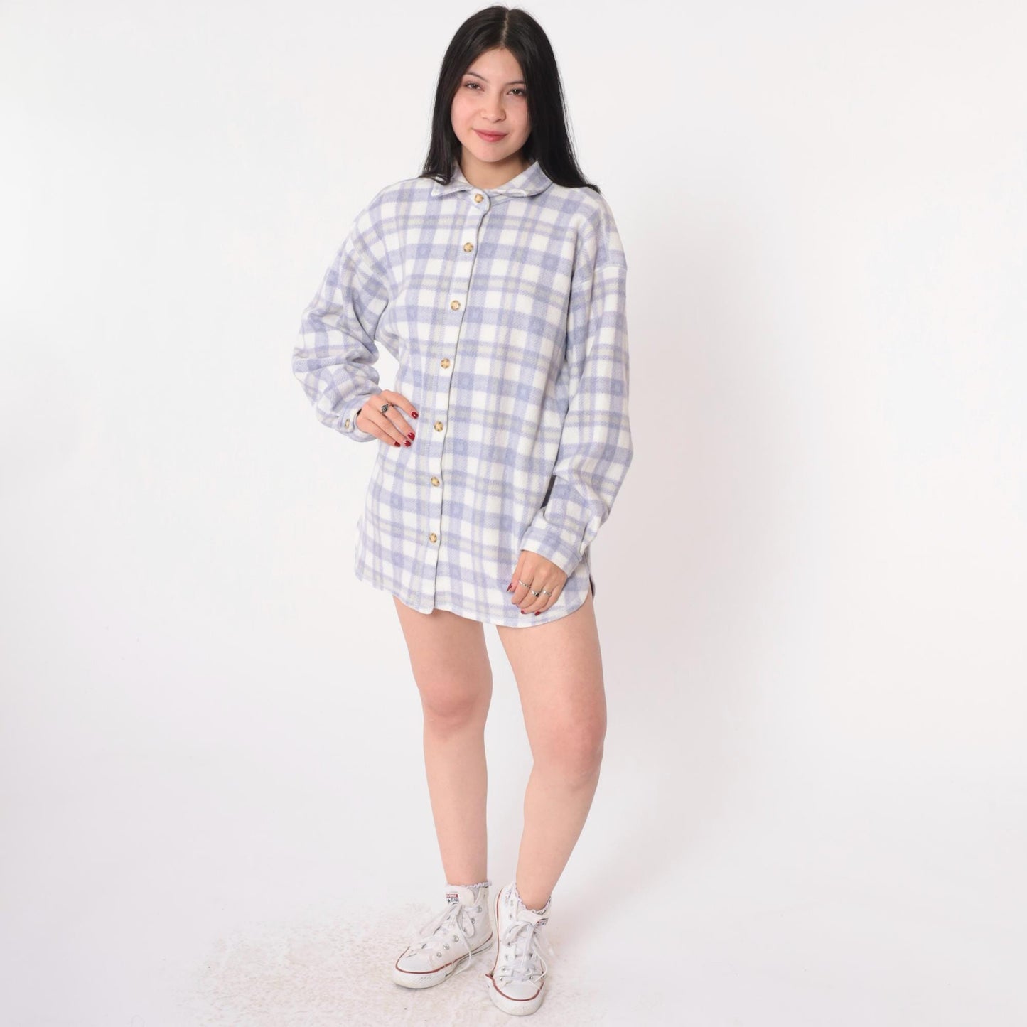 90s Cherokee Plaid Fleece Shirt Jacket Purple White Button Up Large