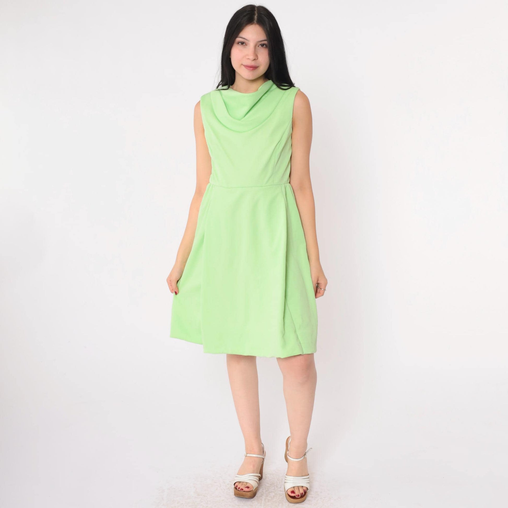 1970s Lime Green Cowl Neck Shift Dress Mini Sleeveless Small S
