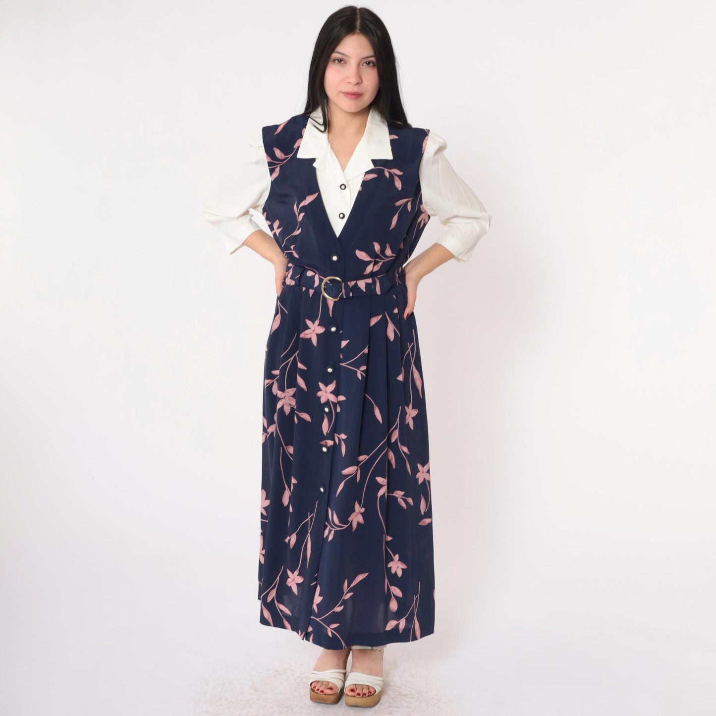 90s Navy Floral Maxi Dress Button-Up Attached Shirt 3/4 Sleeve Belted Medium