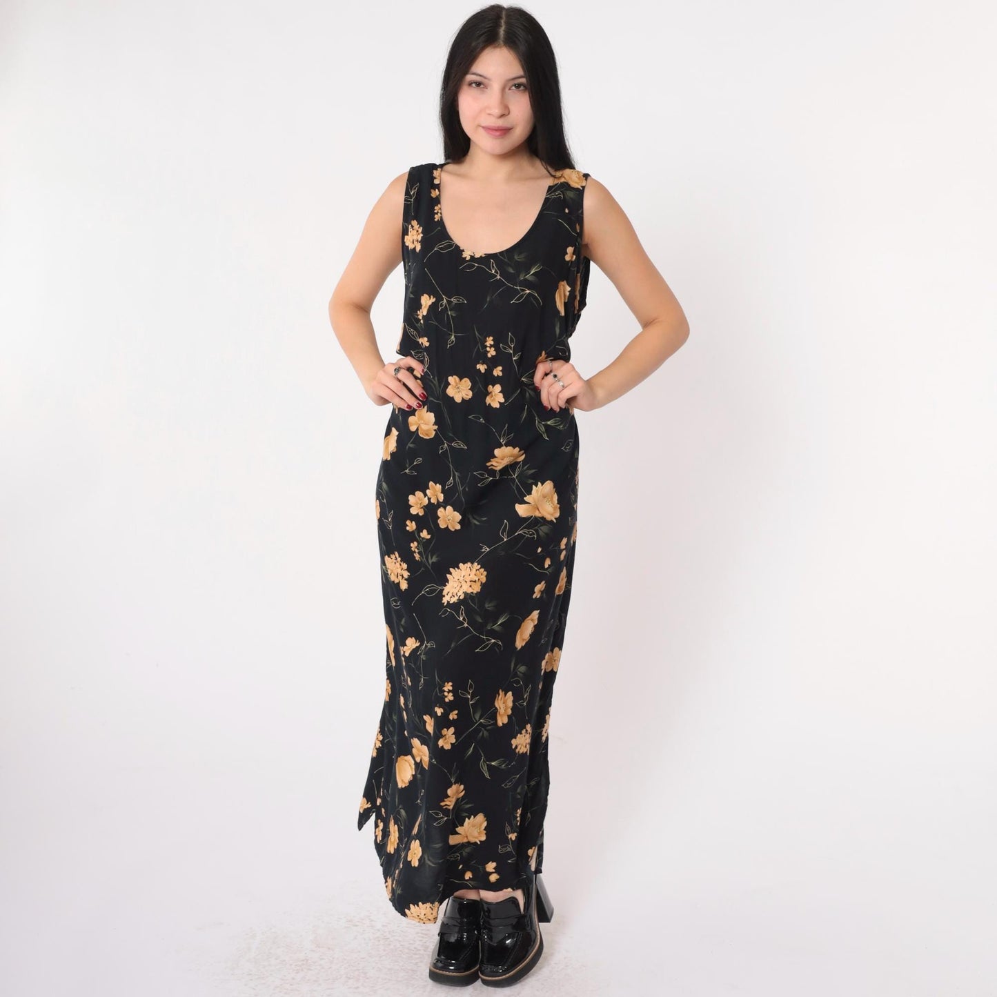 90s Black Floral Maxi Sundress Y2K Gold Print Sleeveless Scoop Neck Side Slit 16W