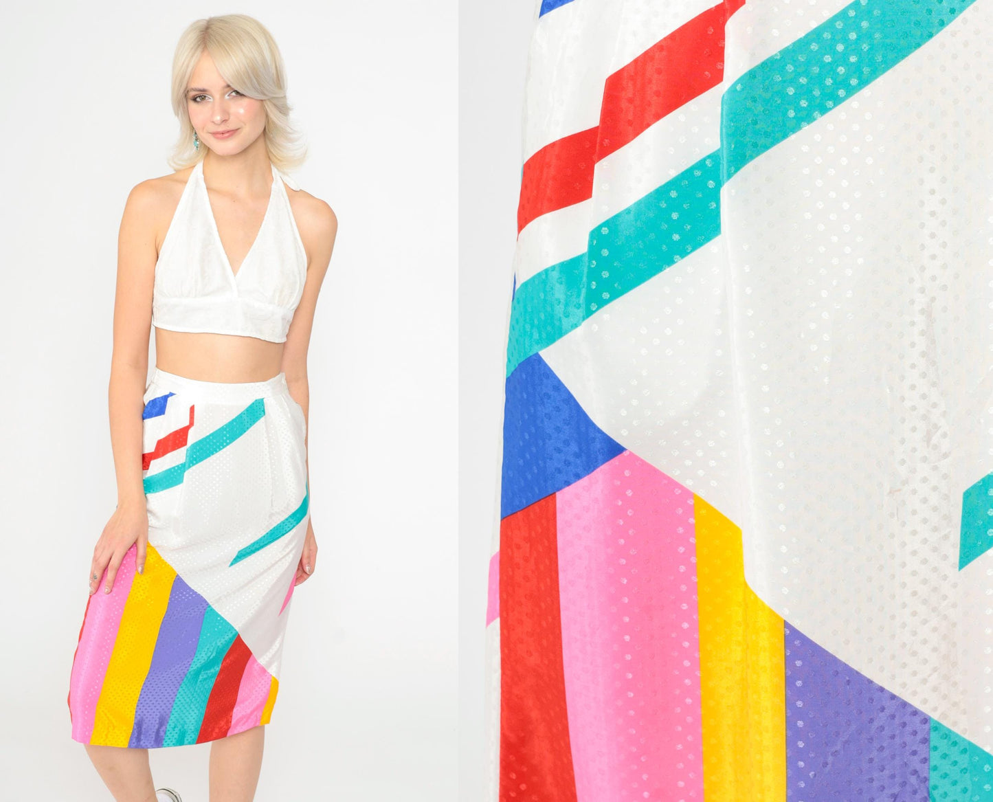 80s Rainbow Striped Midi Skirt High Waist Polka Dot White Small 4