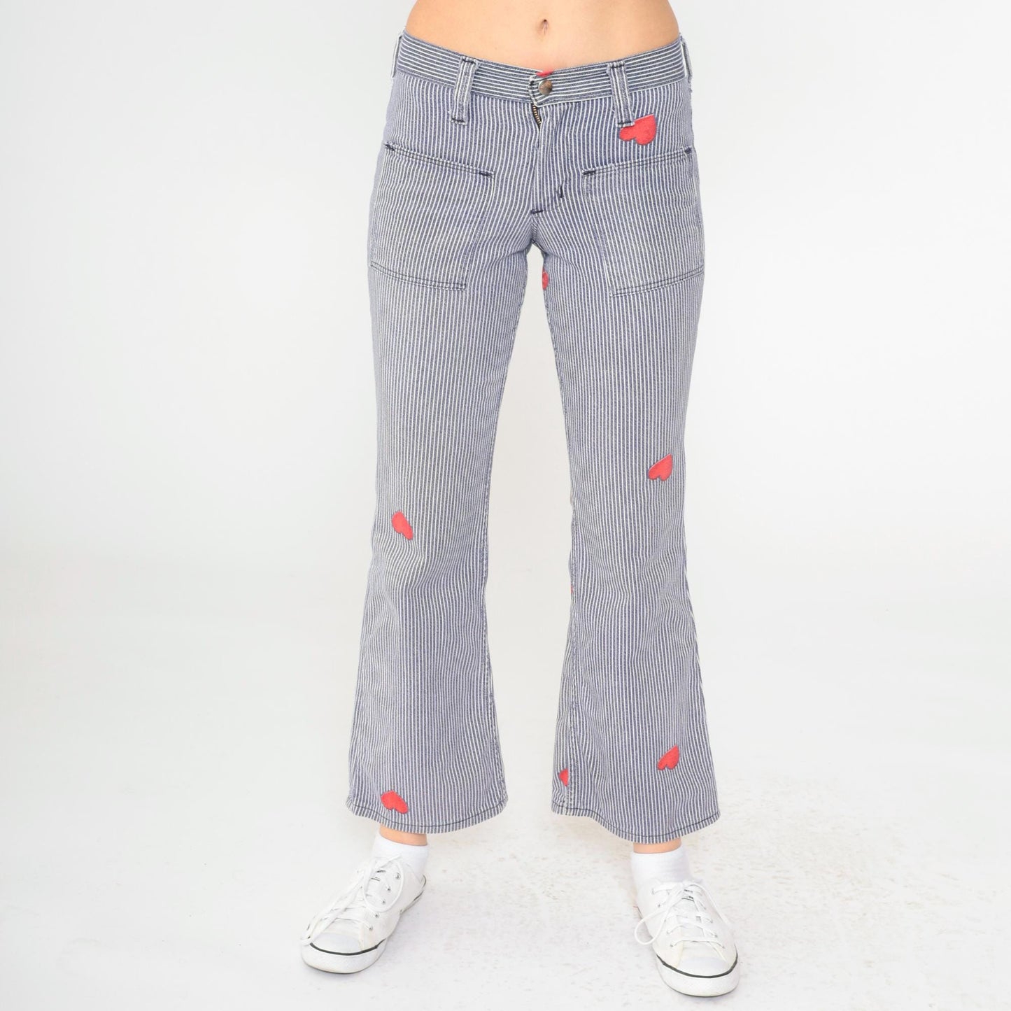 70s Wrangler Bell Bottom Jeans Hickory Striped Heart Patch Blue XXS
