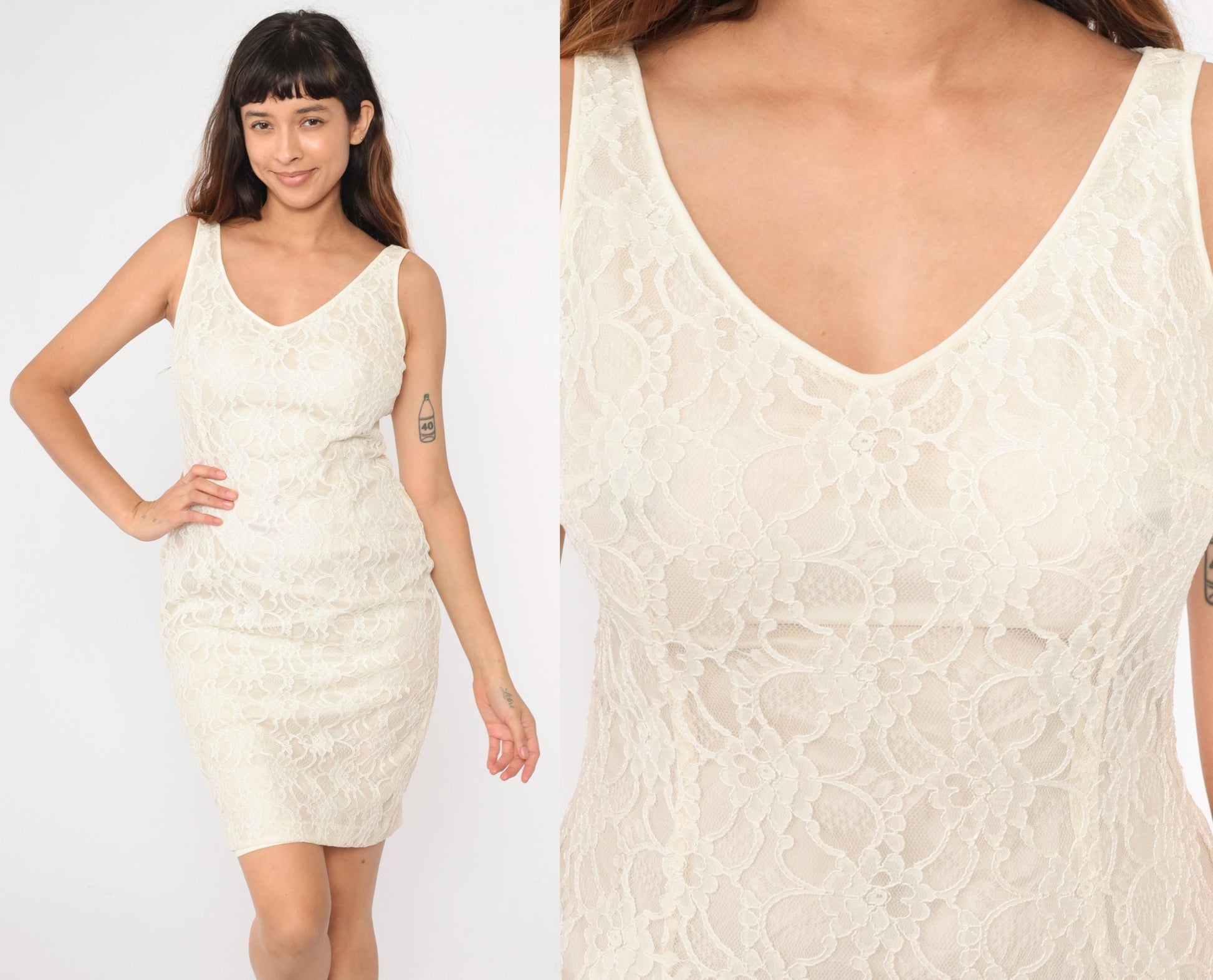 90s Cream Lace Mini Dress Sleeveless V-Neck Sheath Cocktail Medium 8
