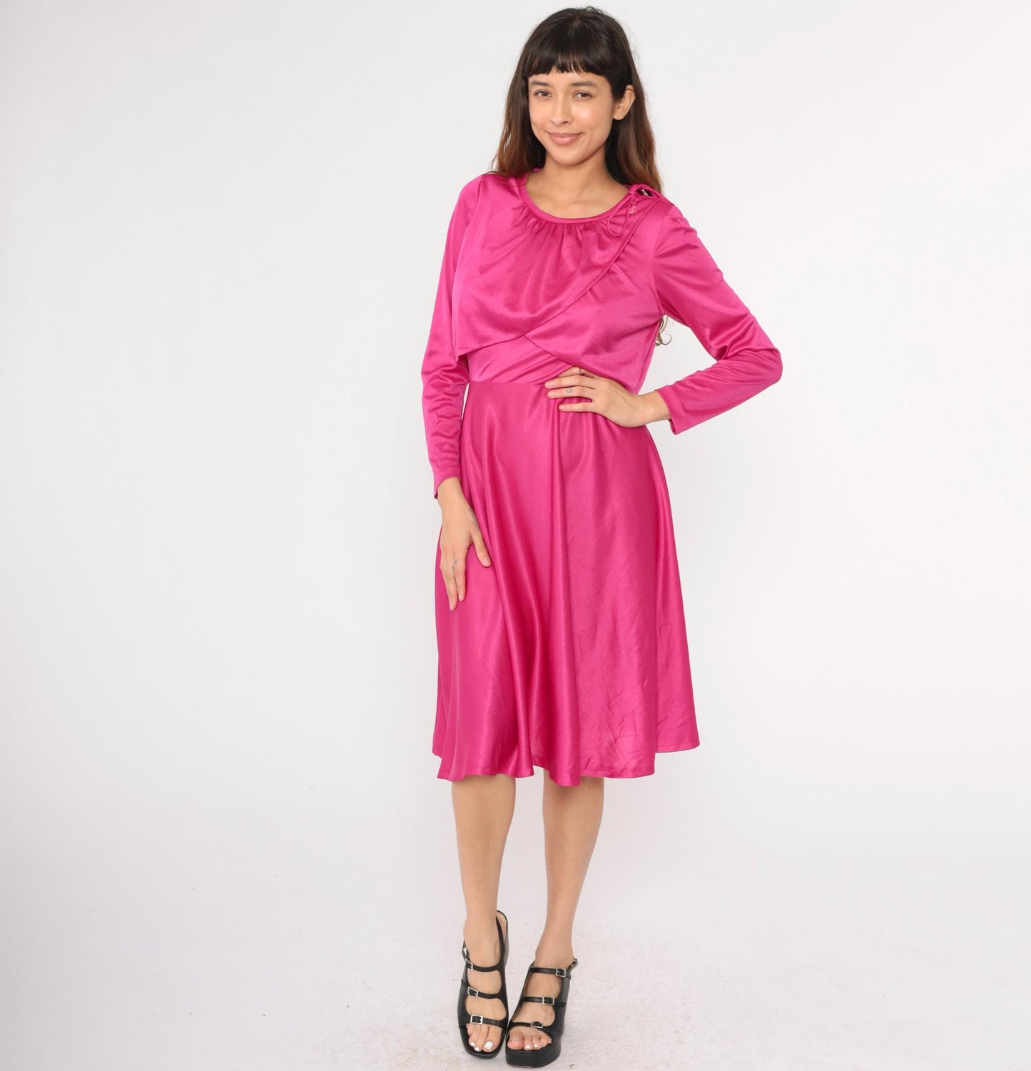 70s Fuchsia Grecian Draped Midi Dress Tie Shoulder Long Sleeve Small