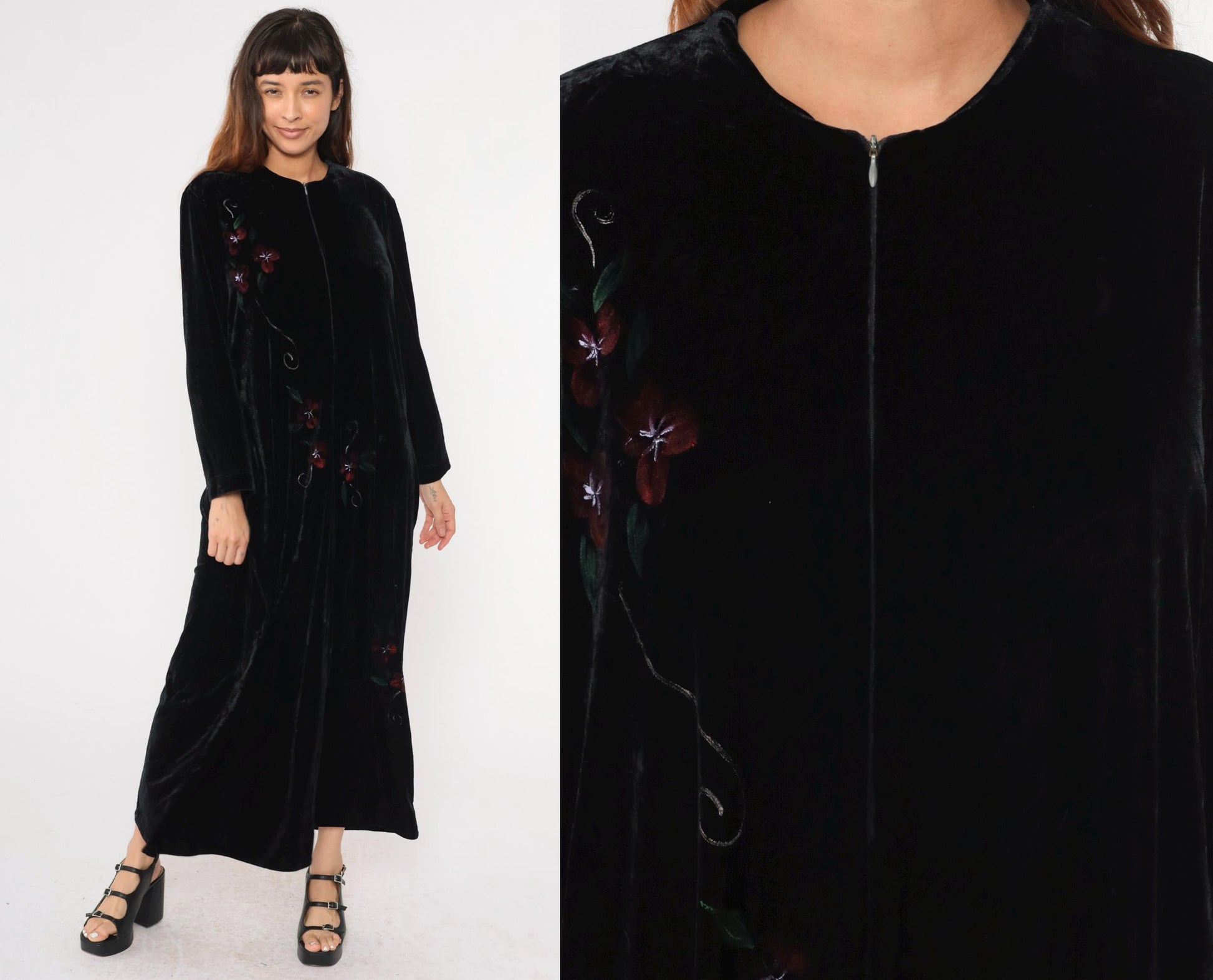 80s Exquisite by Judith Lebkoff Velour Maxi Lounge Dress Black Floral Hand Painted Large