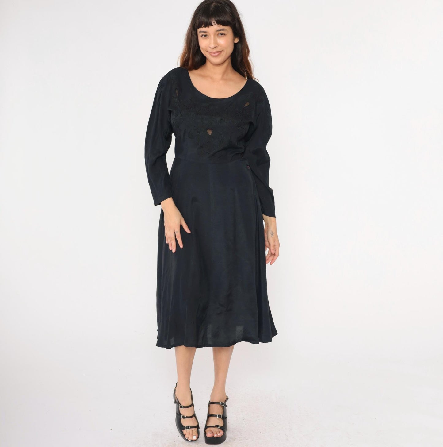 90s Black Floral Embroidery Midi Dress Mesh Cutout Puff Sleeve Small