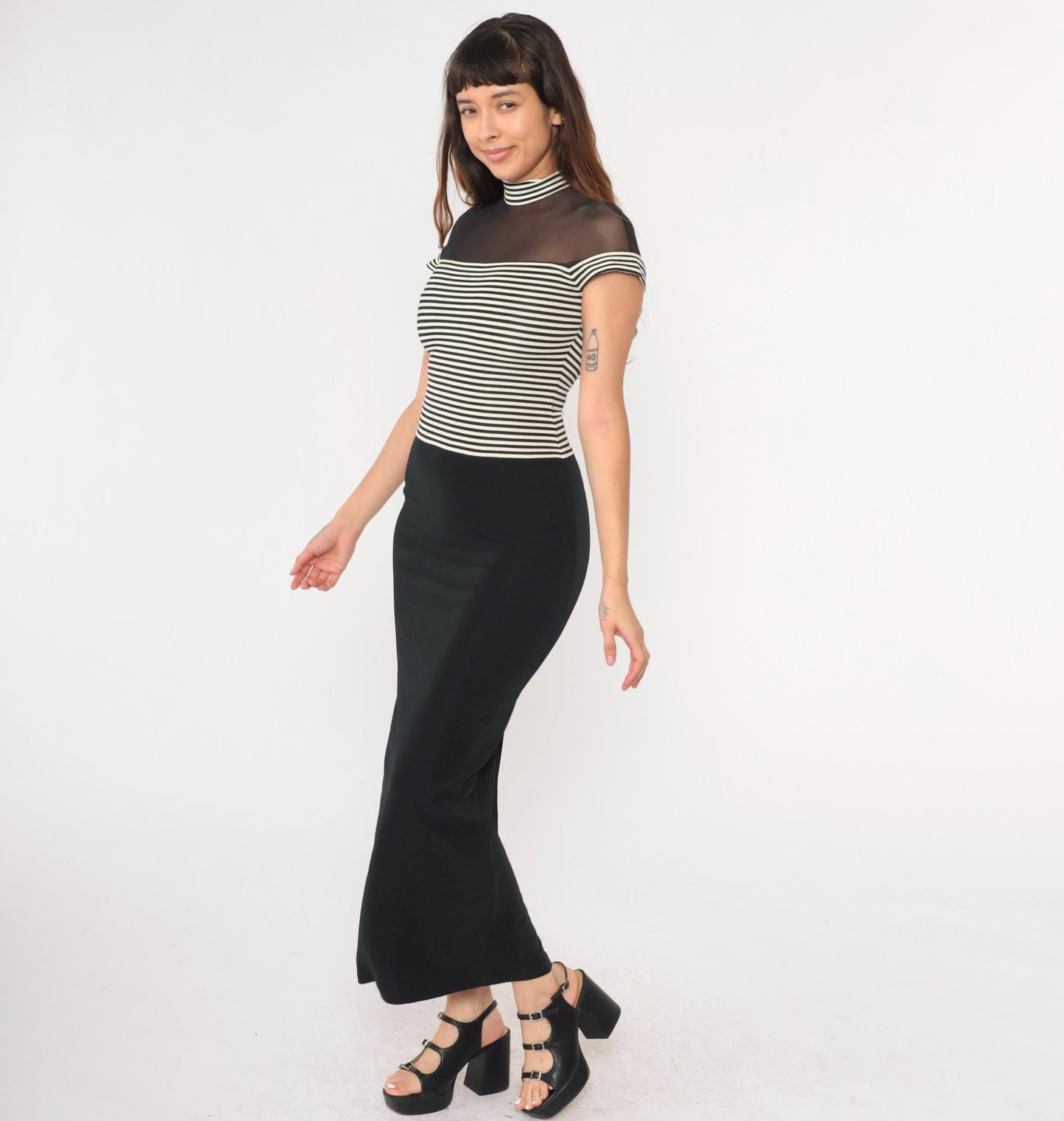 90s Susan Rosalli Bodycon Maxi Dress Black White Striped Mesh Mock Neck Small 4