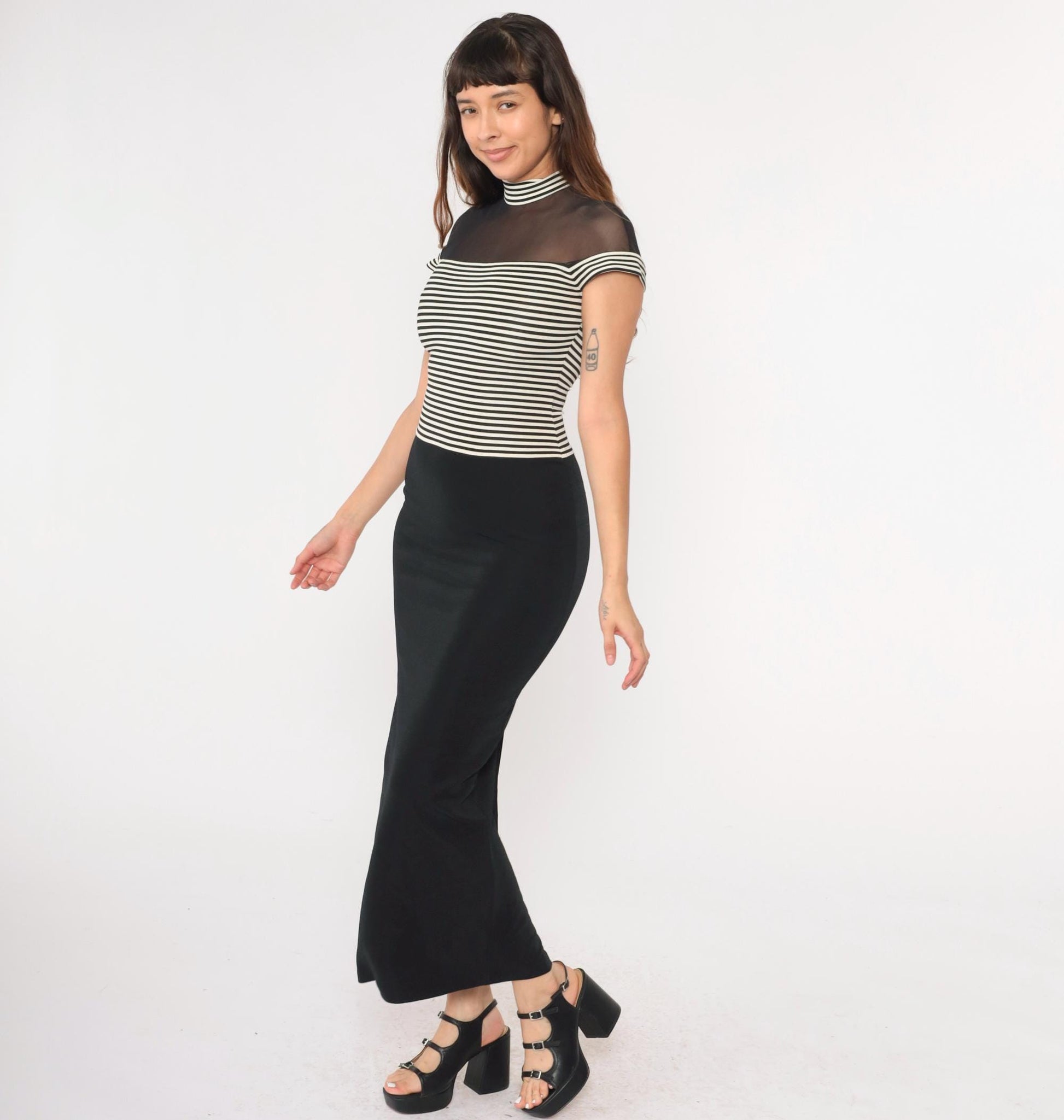 90s Susan Rosalli Bodycon Maxi Dress Black White Striped Mesh Mock Neck Small 4