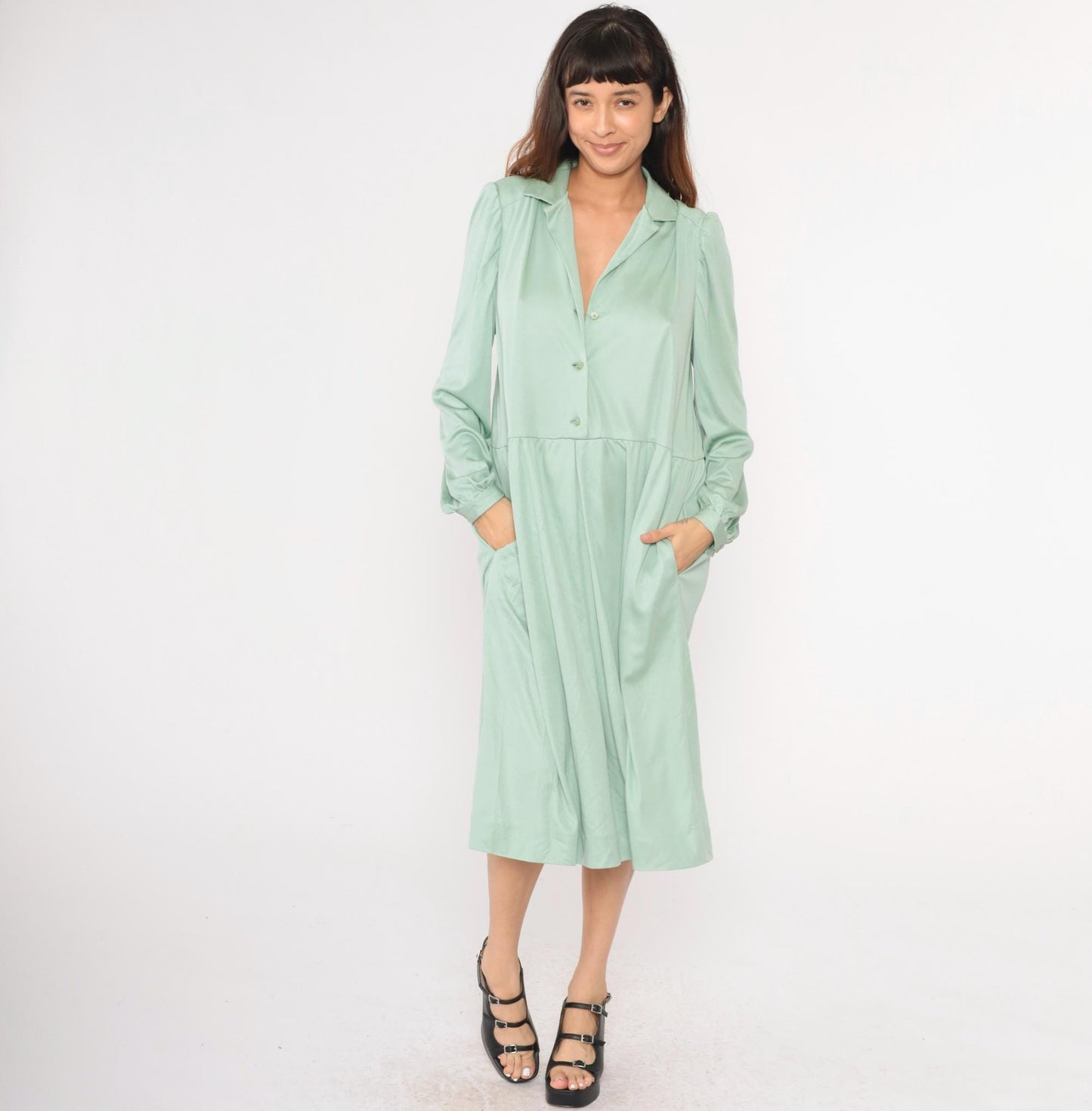 70s Light Green Midi Shirtdress Button-Up High Waisted Collared Long Sleeve Extra Large