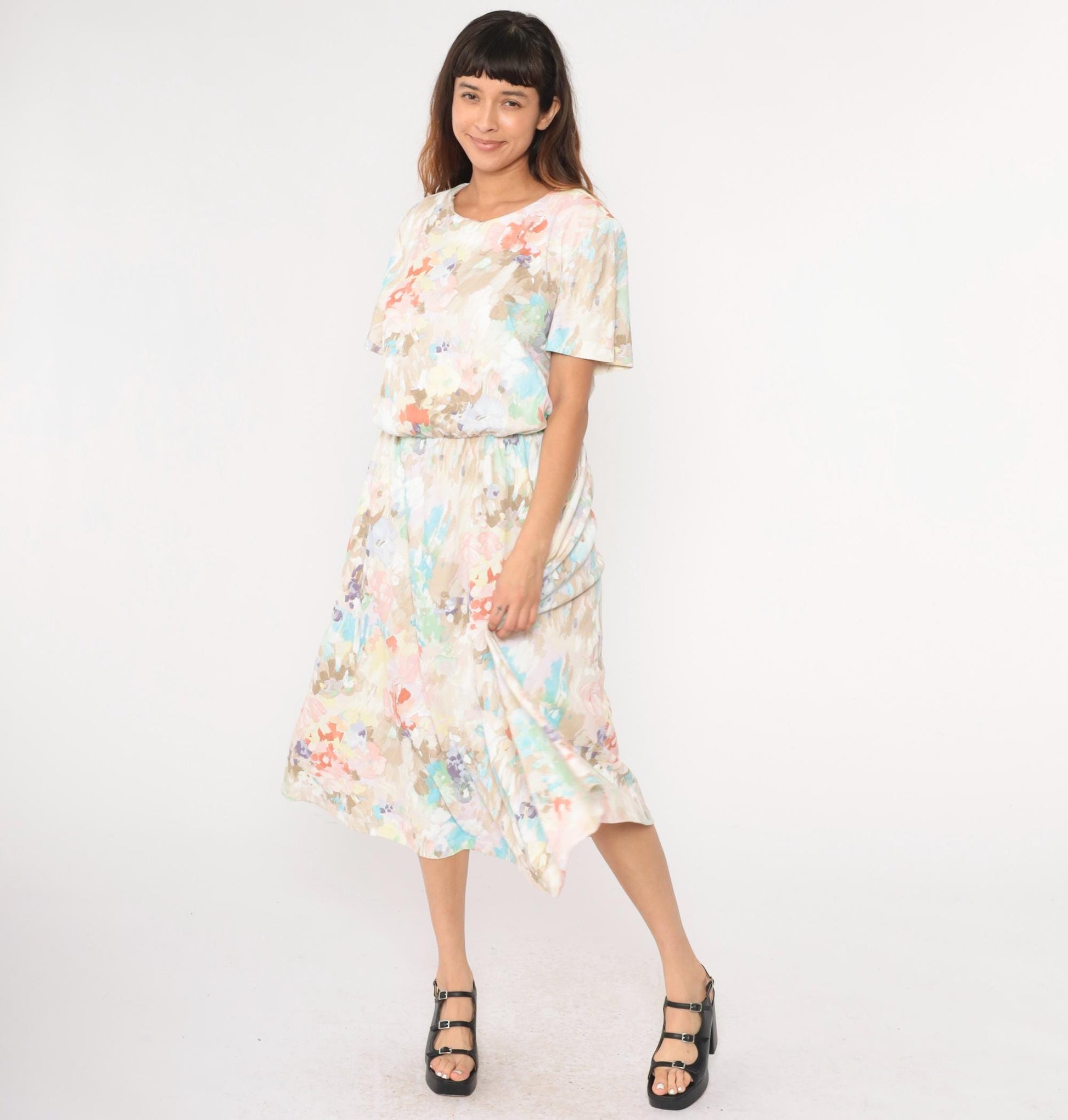 80s Watercolor Floral Midi Dress High Waist Blouson Pink Brown Blue Large
