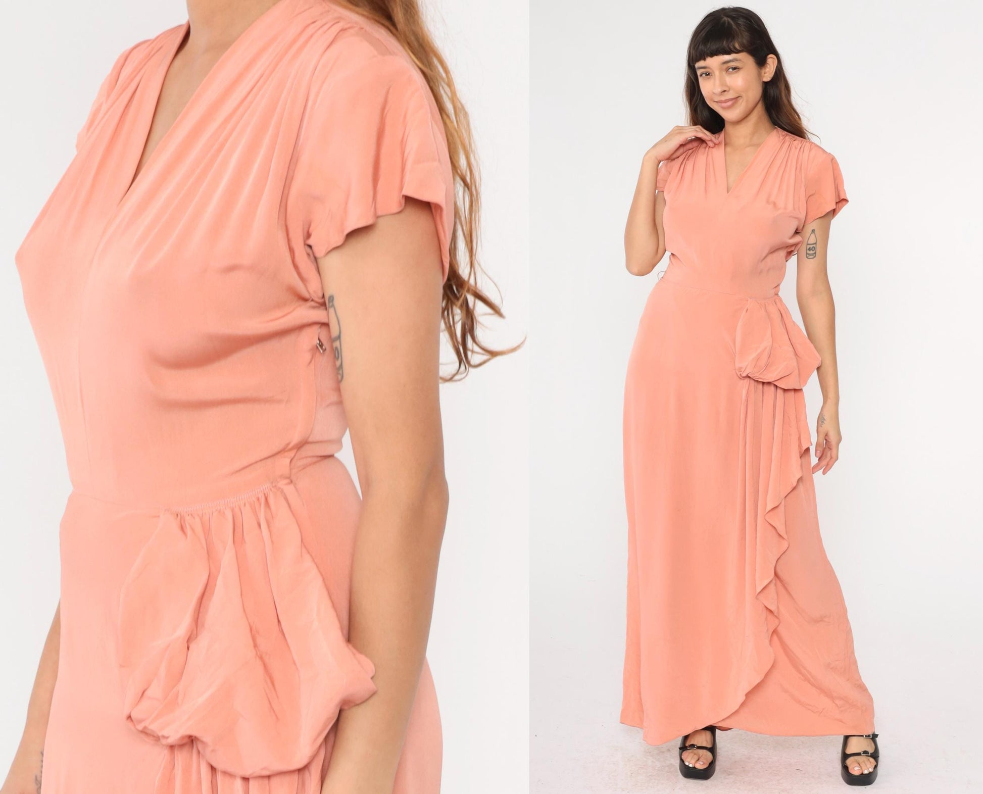 1940s Peach Pink Flutter Sleeve Maxi Gown Metal Side Zip Small