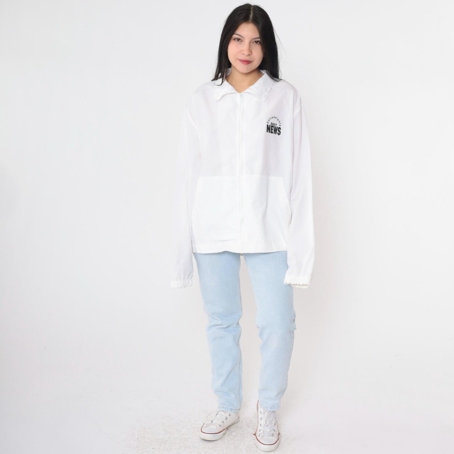 90s Philadelphia Daily News Windbreaker Jacket White Zip-Up Large