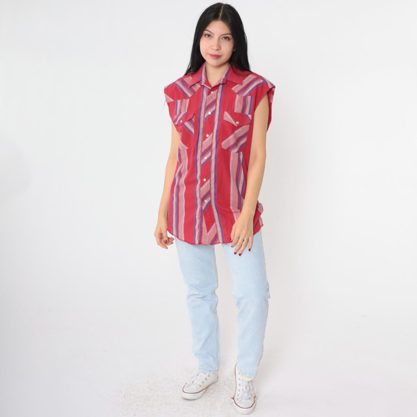 90s Wrangler Western Sleeveless Shirt Cherry Red Striped Pearl Snap Men's Medium