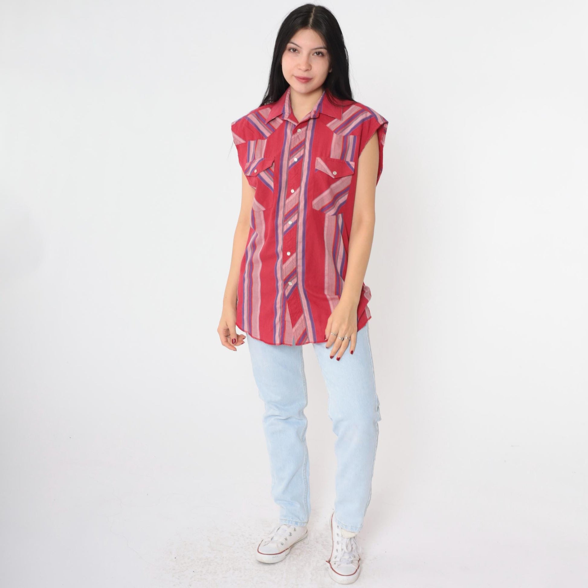 90s Wrangler Western Sleeveless Shirt Cherry Red Striped Pearl Snap Men's Medium