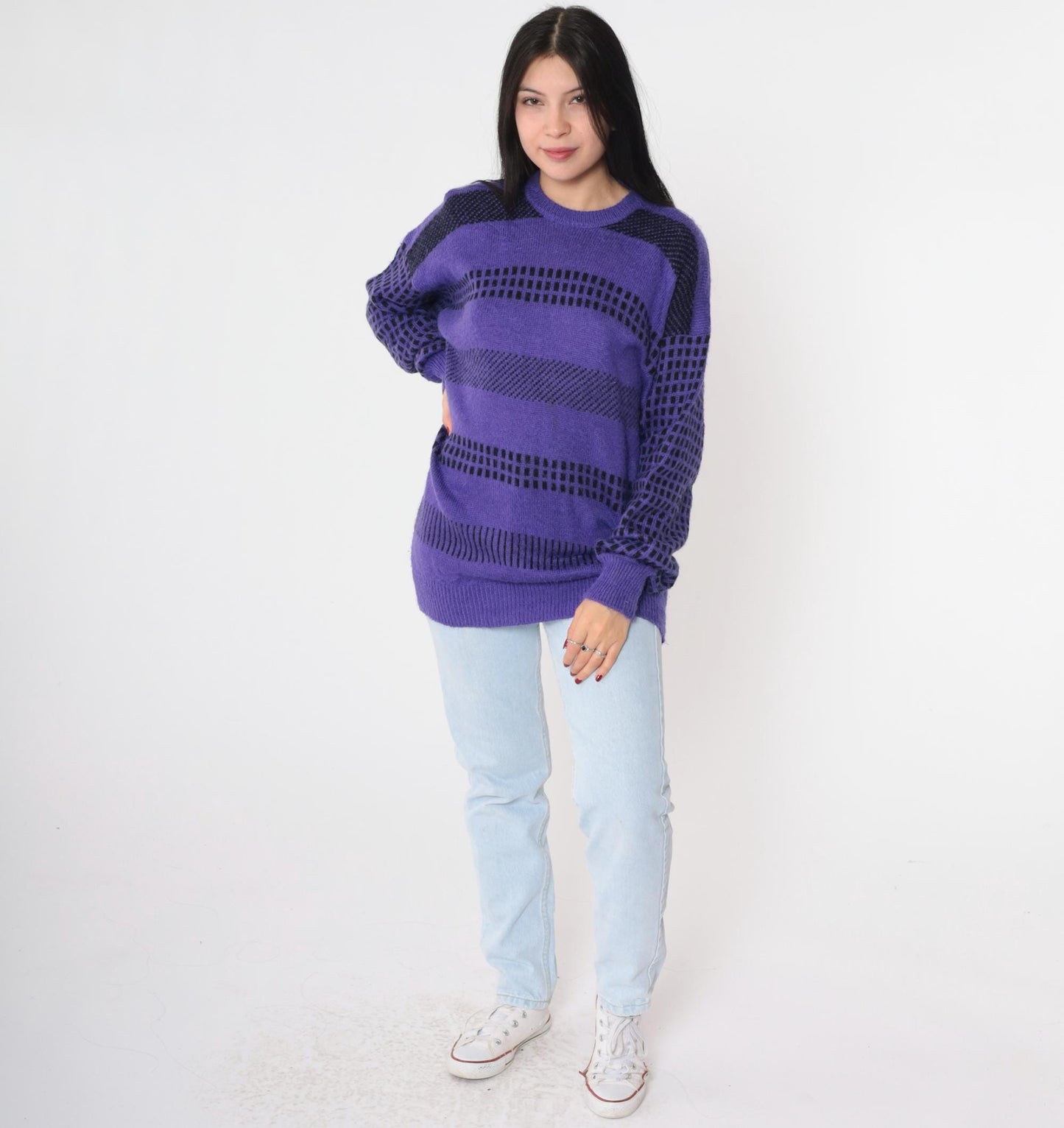 80s Purple Striped Wool Blend Crewneck Pullover Sweater Grid Print Medium