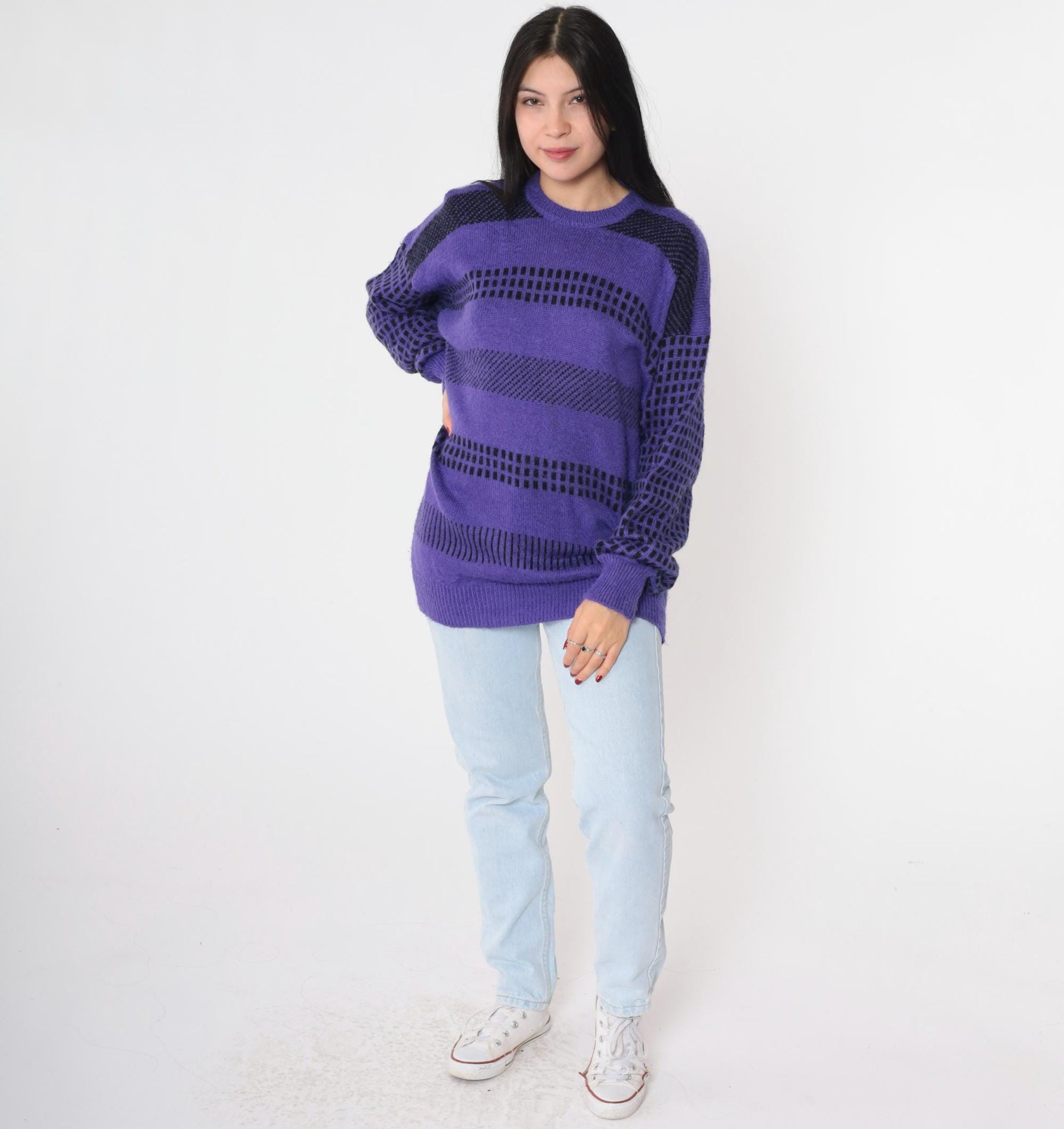 80s Purple Striped Wool Blend Crewneck Pullover Sweater Grid Print Medium