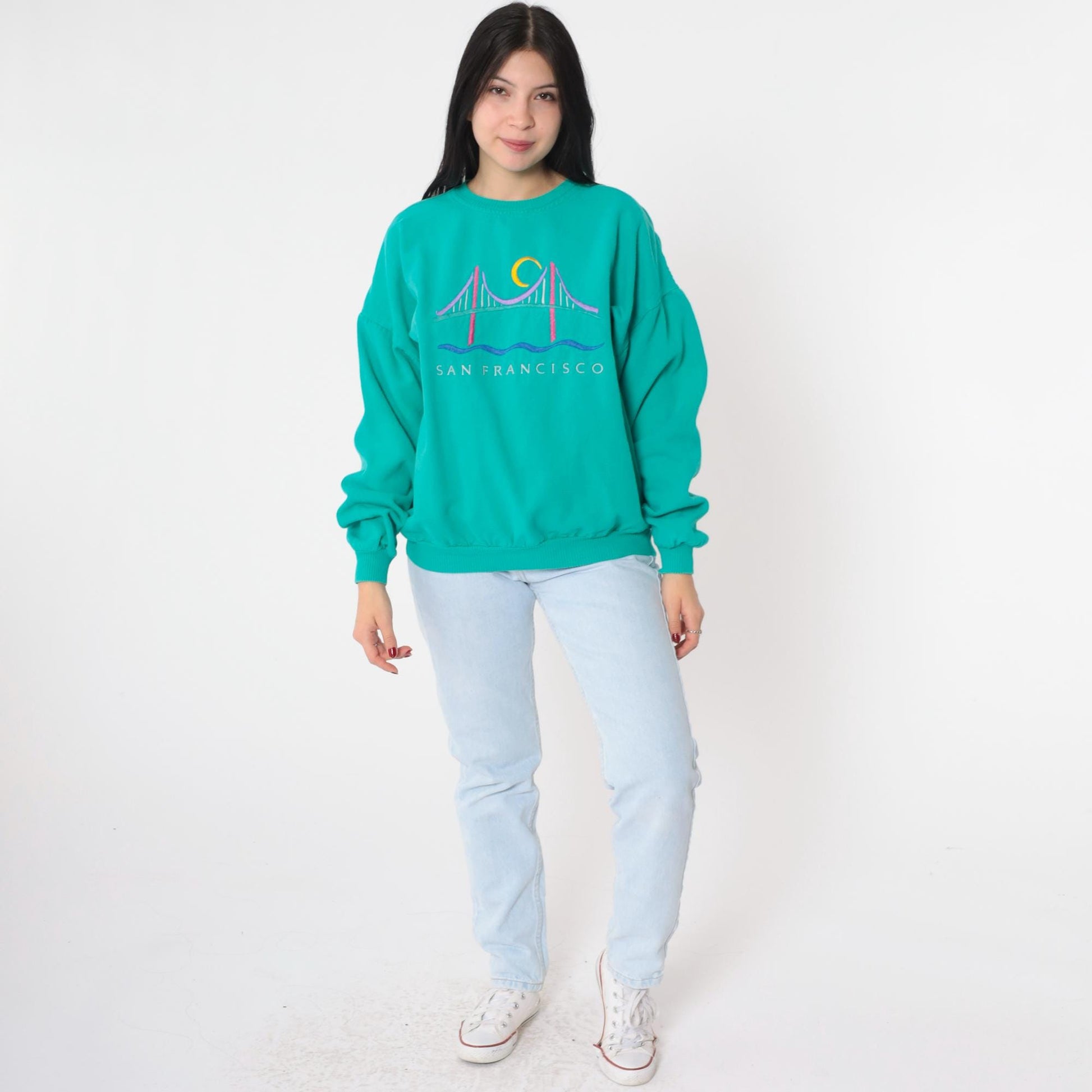 90s San Francisco Golden Gate Bridge Embroidered Sweatshirt Teal Cotton Medium