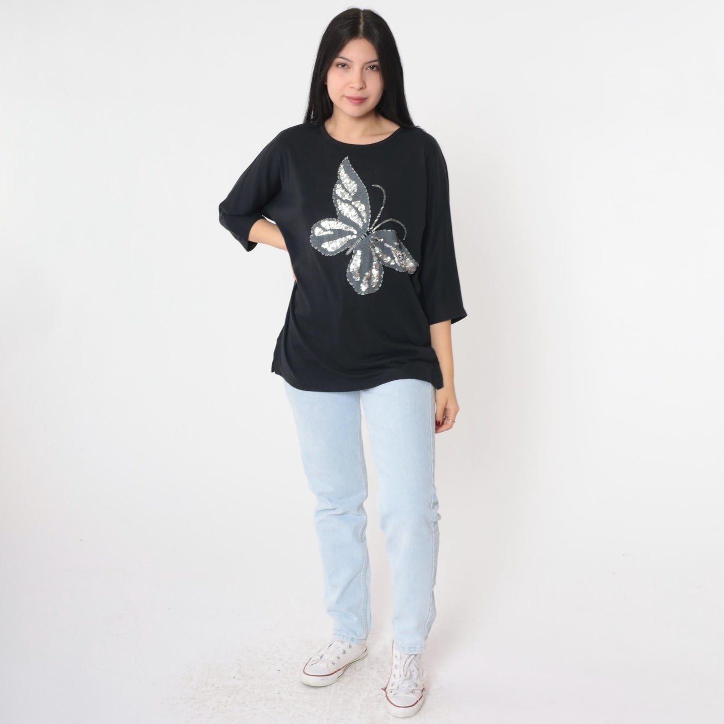 80s Sequin Butterfly T-Shirt Silver Beaded Graphic 3/4 Sleeve Medium