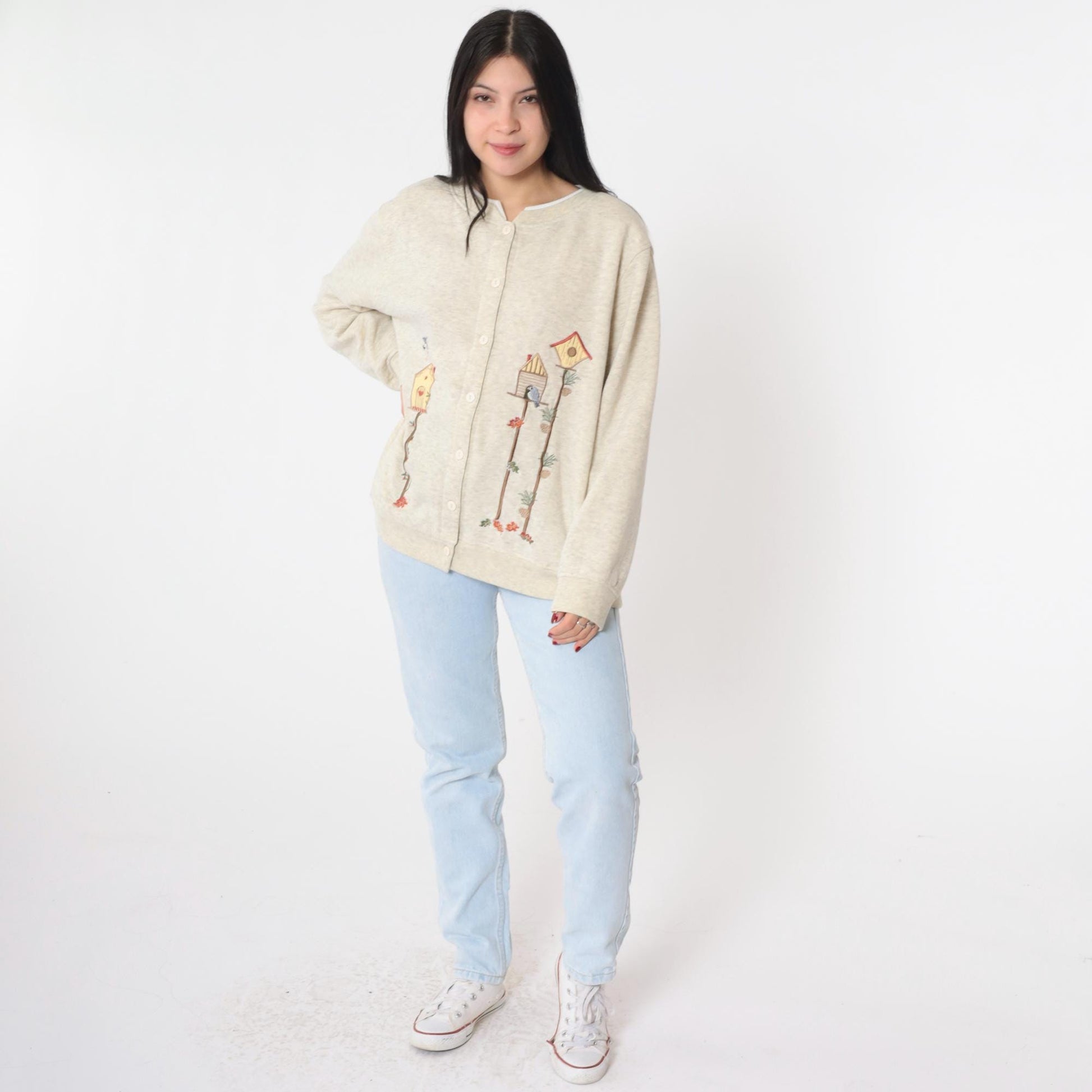 90s BonWorth Birdhouse Cardigan Sweatshirt Cream Embroidered Birds Medium