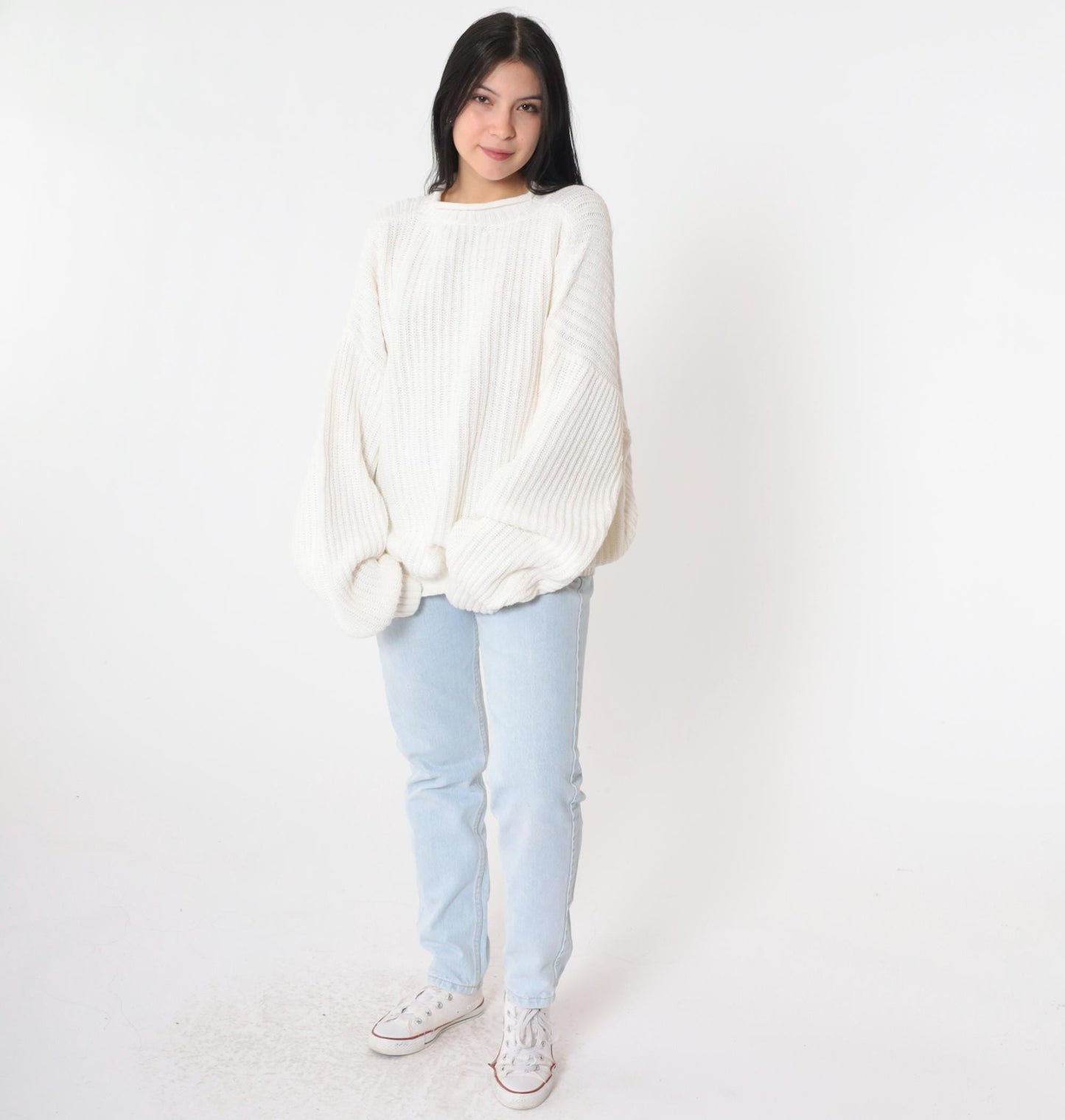 90s Structure White Ramie Cotton Roll Neck Sweater Ribbed Knit Large L