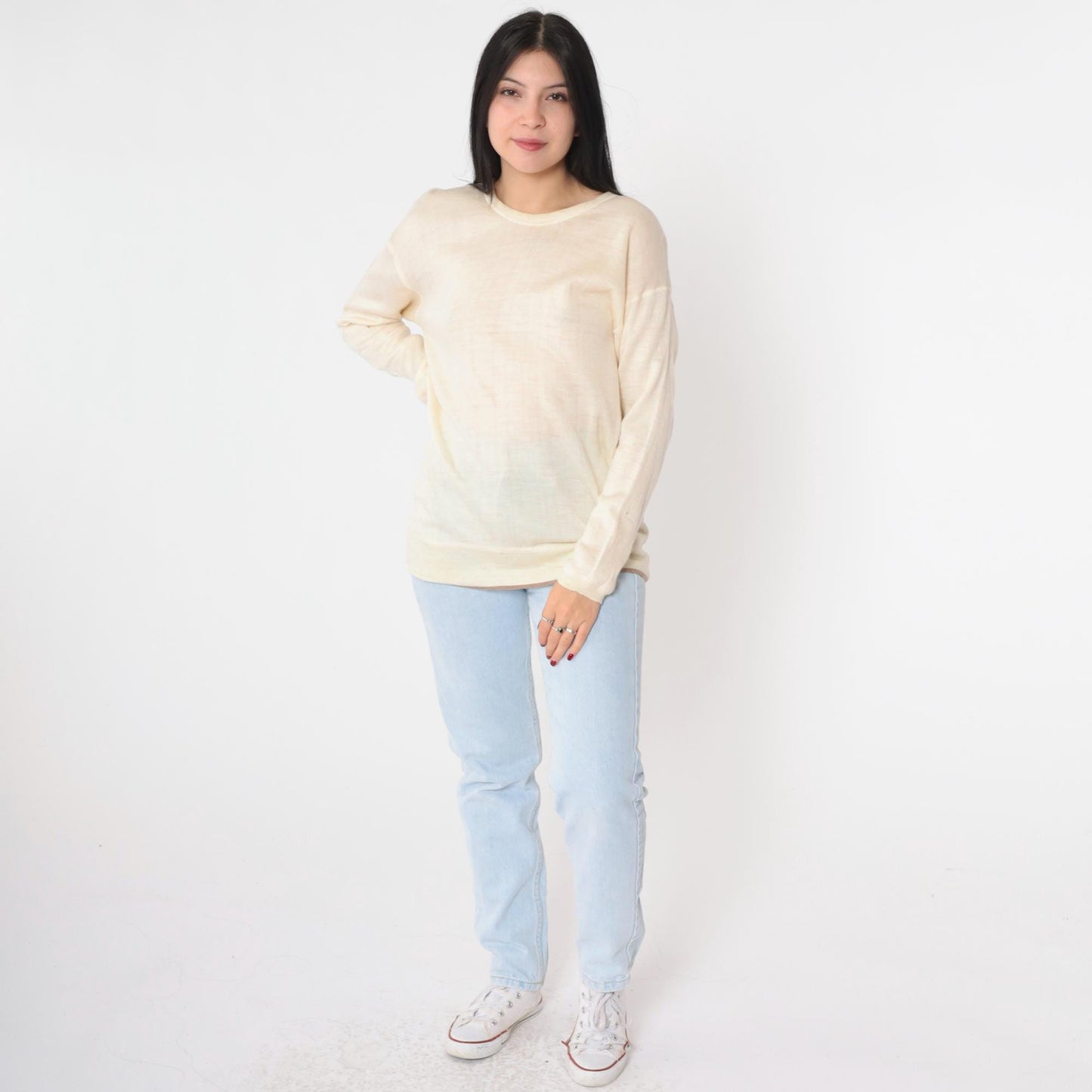 80s Space Man Wool Sweater Cream Crewneck Knit Medium