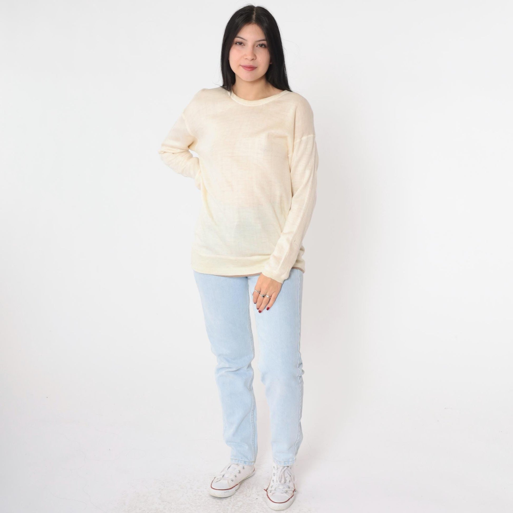 80s Space Man Wool Sweater Cream Crewneck Knit Medium