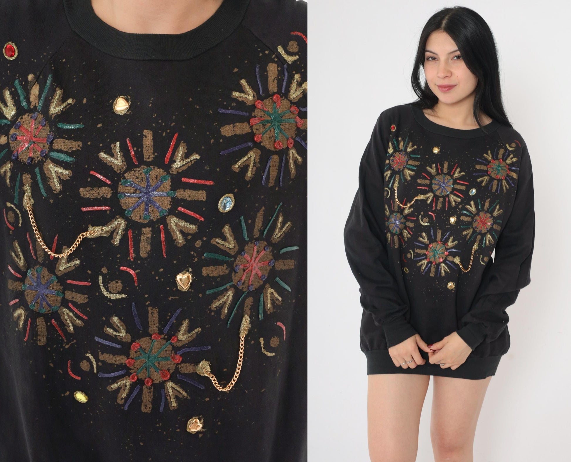 90s Hand Painted Beaded Geometric Sweatshirt Black Raglan Crewneck Medium M