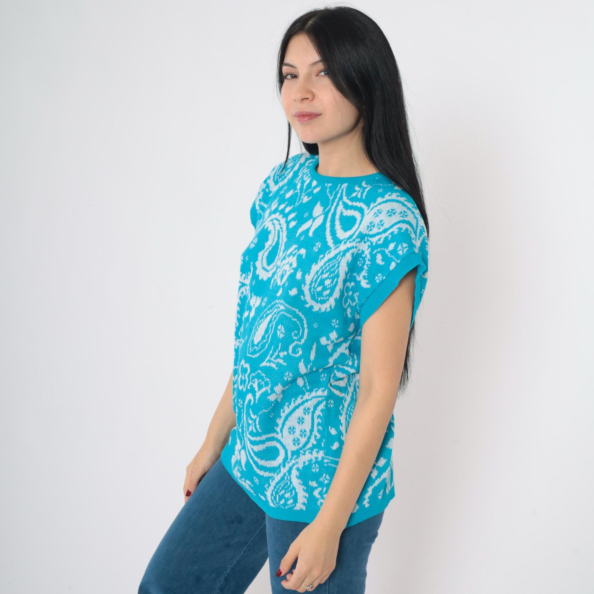 80s Blue Paisley Floral Knit Sweater Top Short Sleeve Medium M