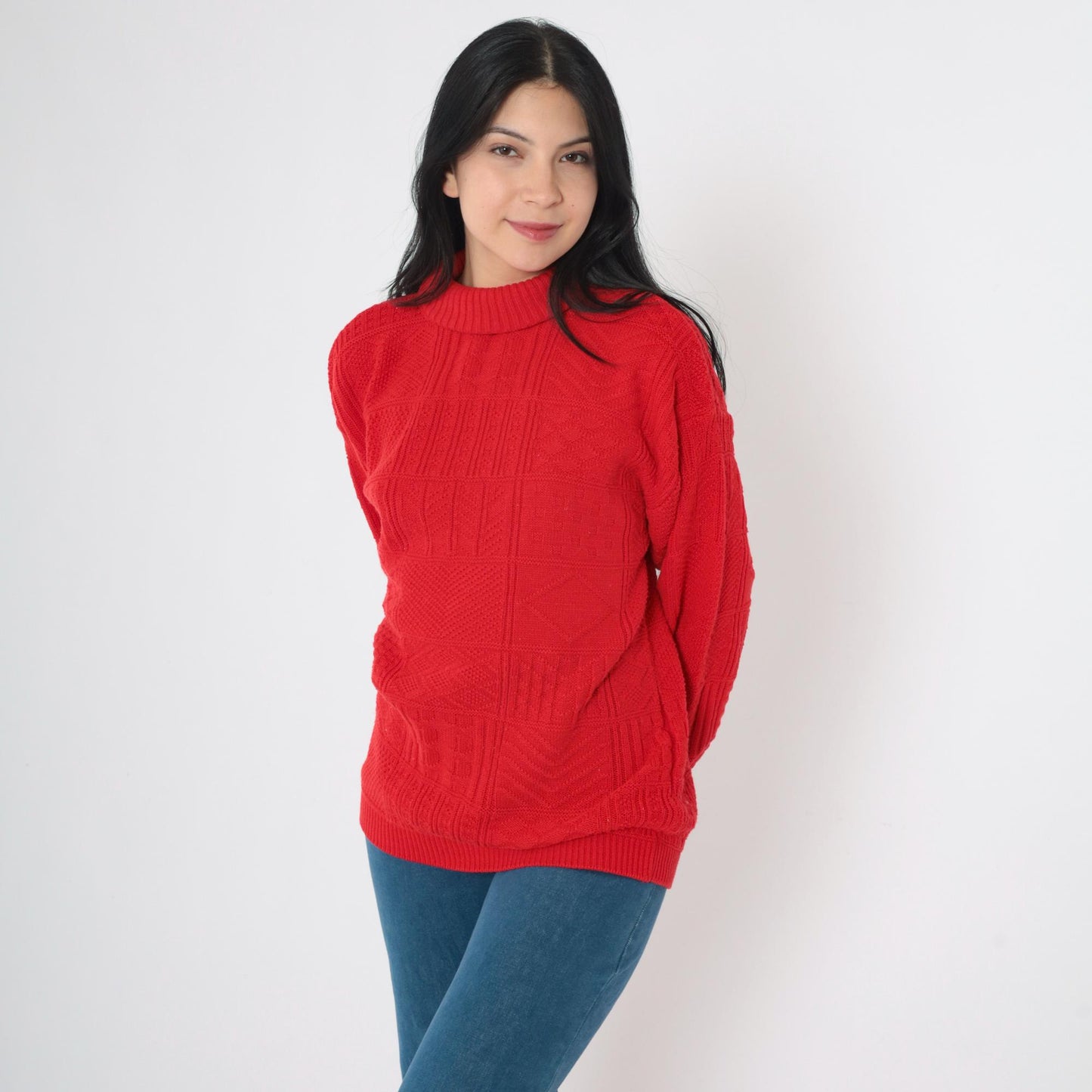80s Red Textured Turtleneck Sweater Acrylic Knit Pullover Medium M