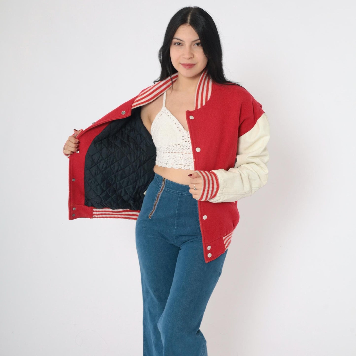 80s Red Wool Varsity Jacket Leather Sleeves Distressed Snap Medium M