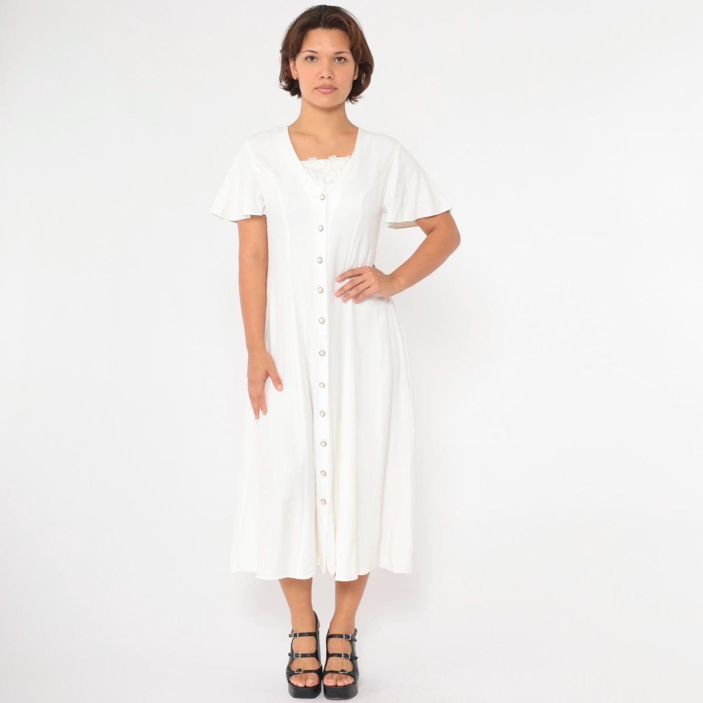 90s White Midi Dress Flutter Sleeve Lace Trim Button Up A-Line Medium