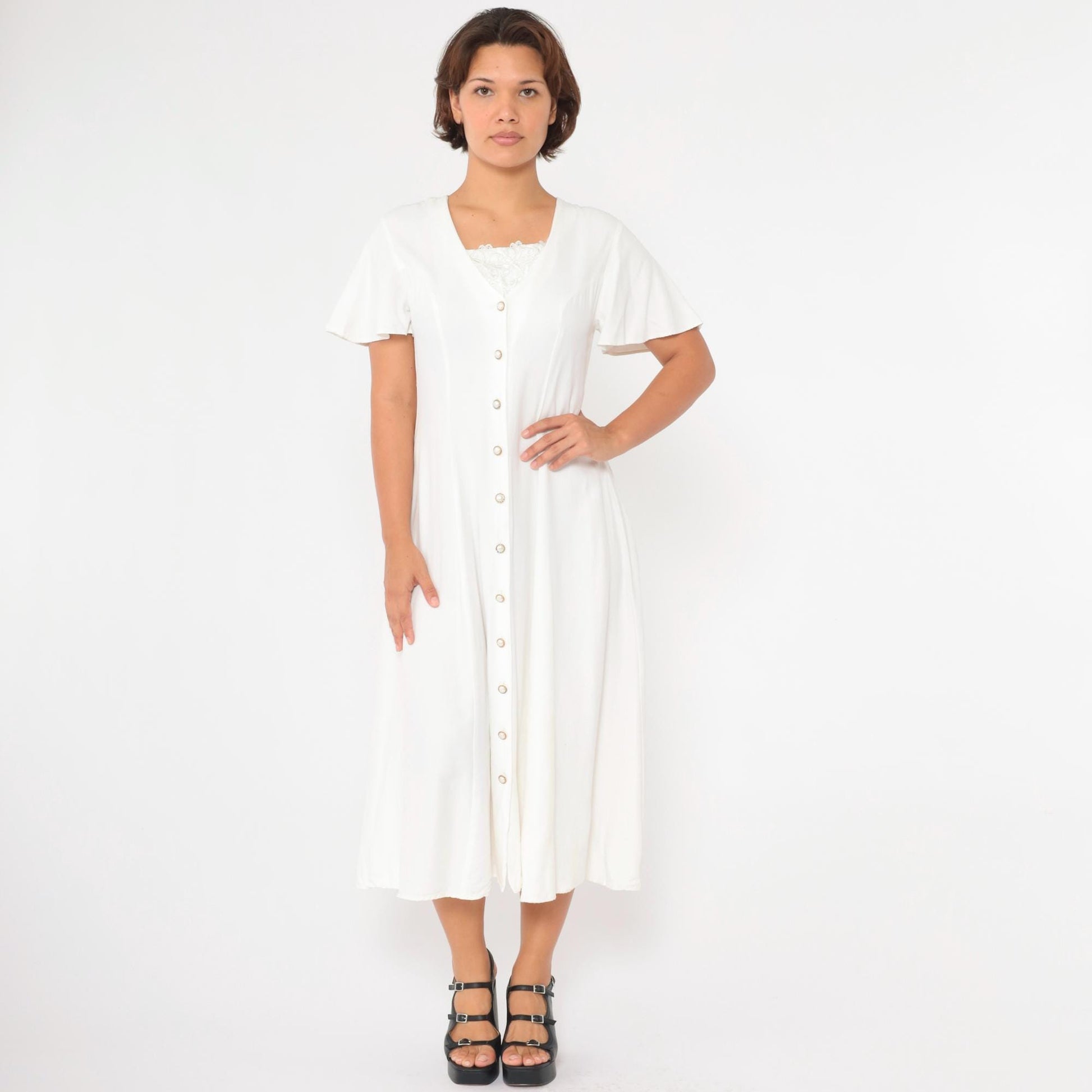 90s White Midi Dress Flutter Sleeve Lace Trim Button Up A-Line Medium