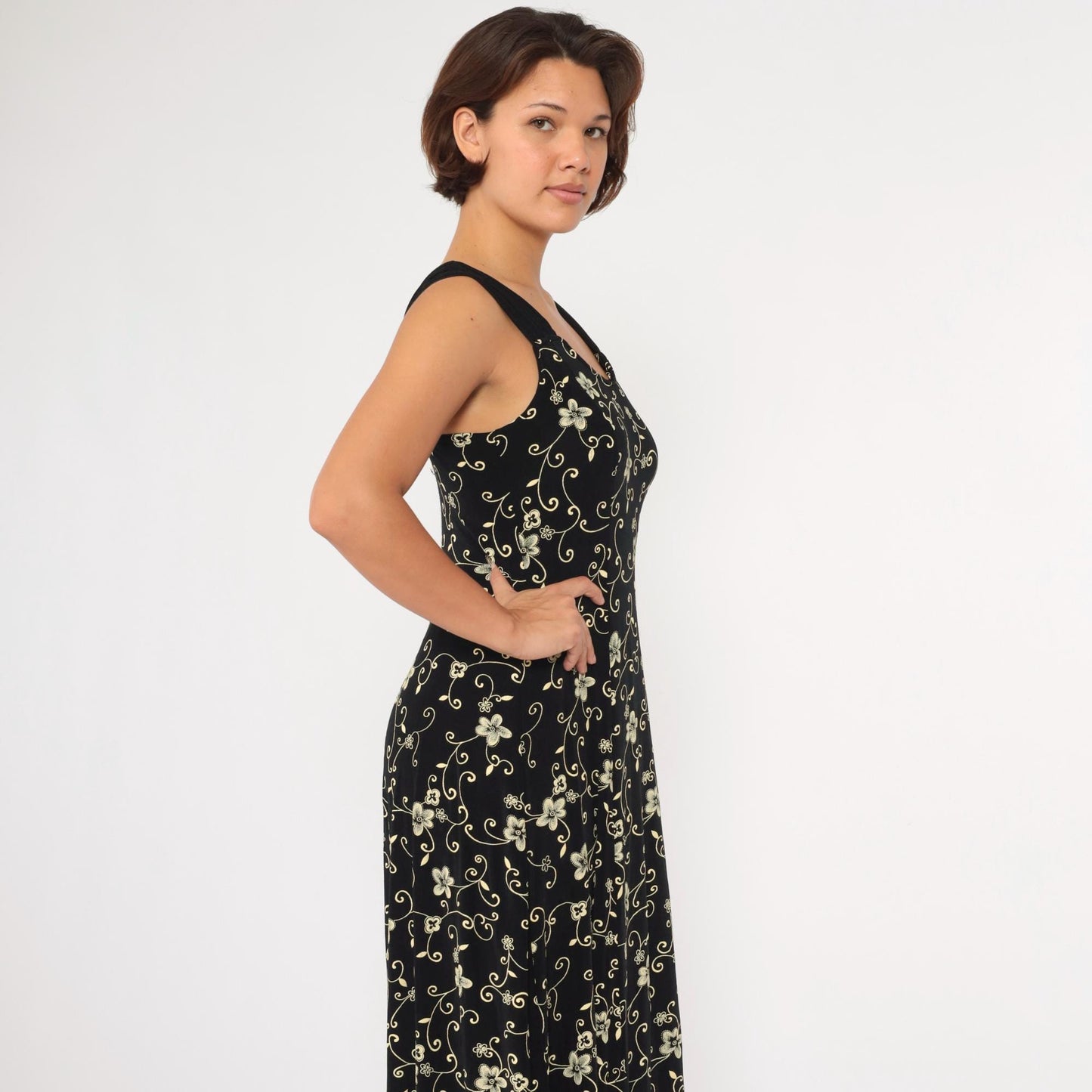 90s Black Floral Maxi Dress Sleeveless Scoop Neck Yellow Print Large