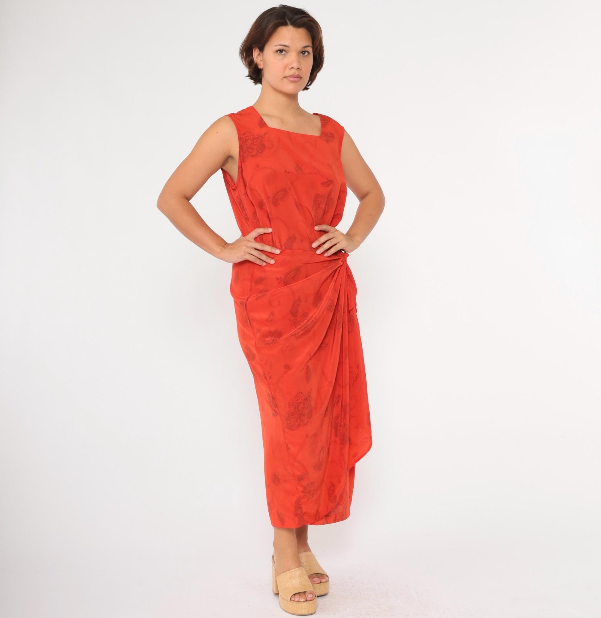 90s Studio C Plus Floral Maxi Dress Orange Red Square Neck Sleeveless Extra Large XXL