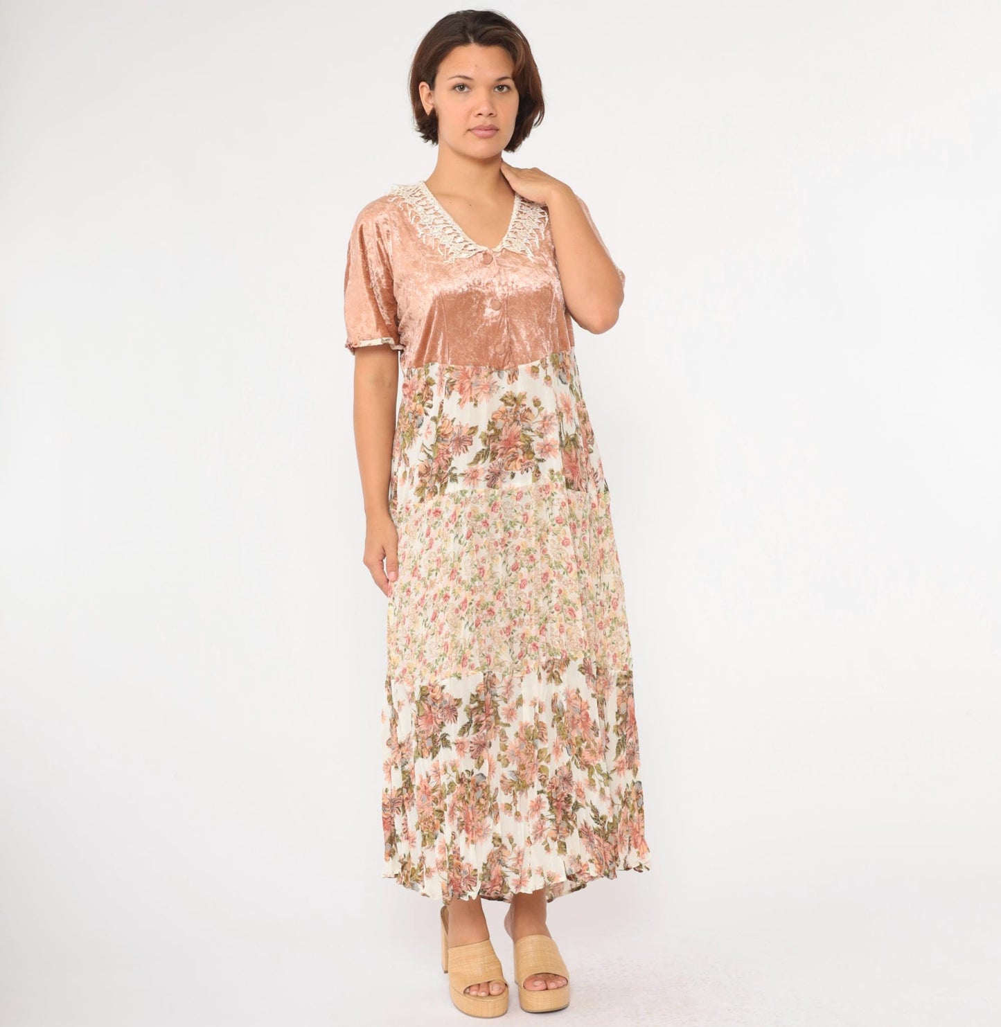 90s Velvet Gauze Tiered Floral Maxi Dress Blush Pink Lace Trim Large L